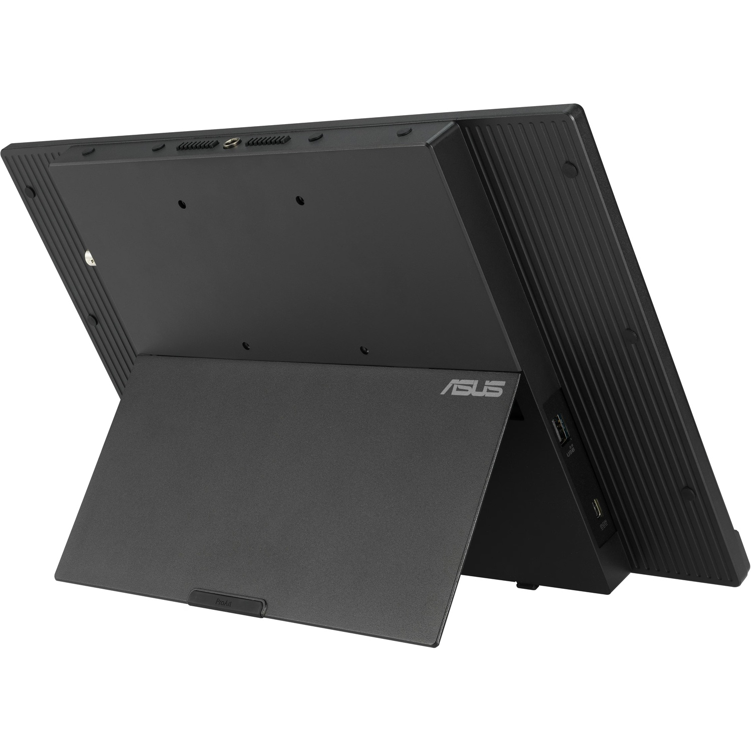 Zwarte ASUS monitor met standaard, schuine weergave. Voorzien van poorten en het ASUS-logo. De standaard is ook zwart.
