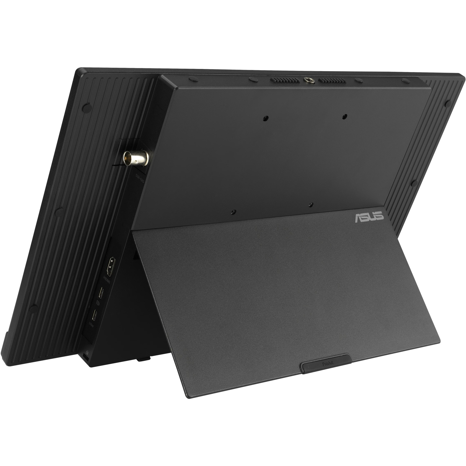 Een zwarte ASUS ProArt monitor met standaard. Poorten: HDMI, USB en SDI. Op een witte achtergrond.