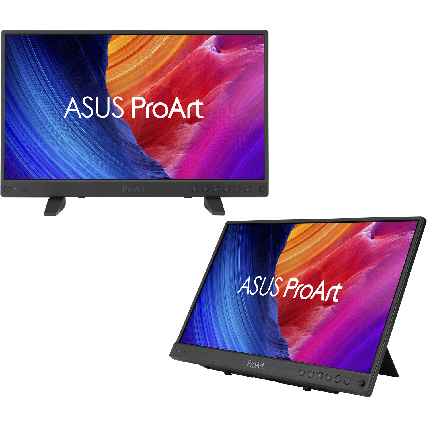 Two ASUS ProArt monitors. One is upright, the other tilted. Both show colorful abstract art. Gray frames and stands.
