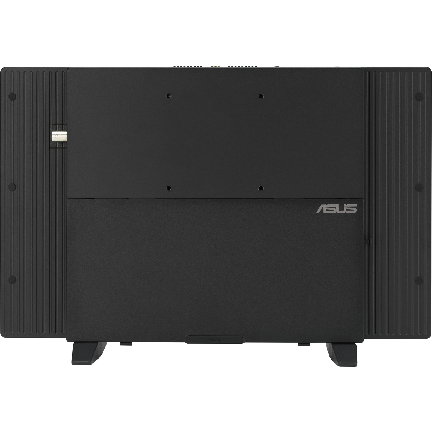 Back of a black ASUS monitor, with textured sides, a central panel, and the brand logo. It is standing on two feet.