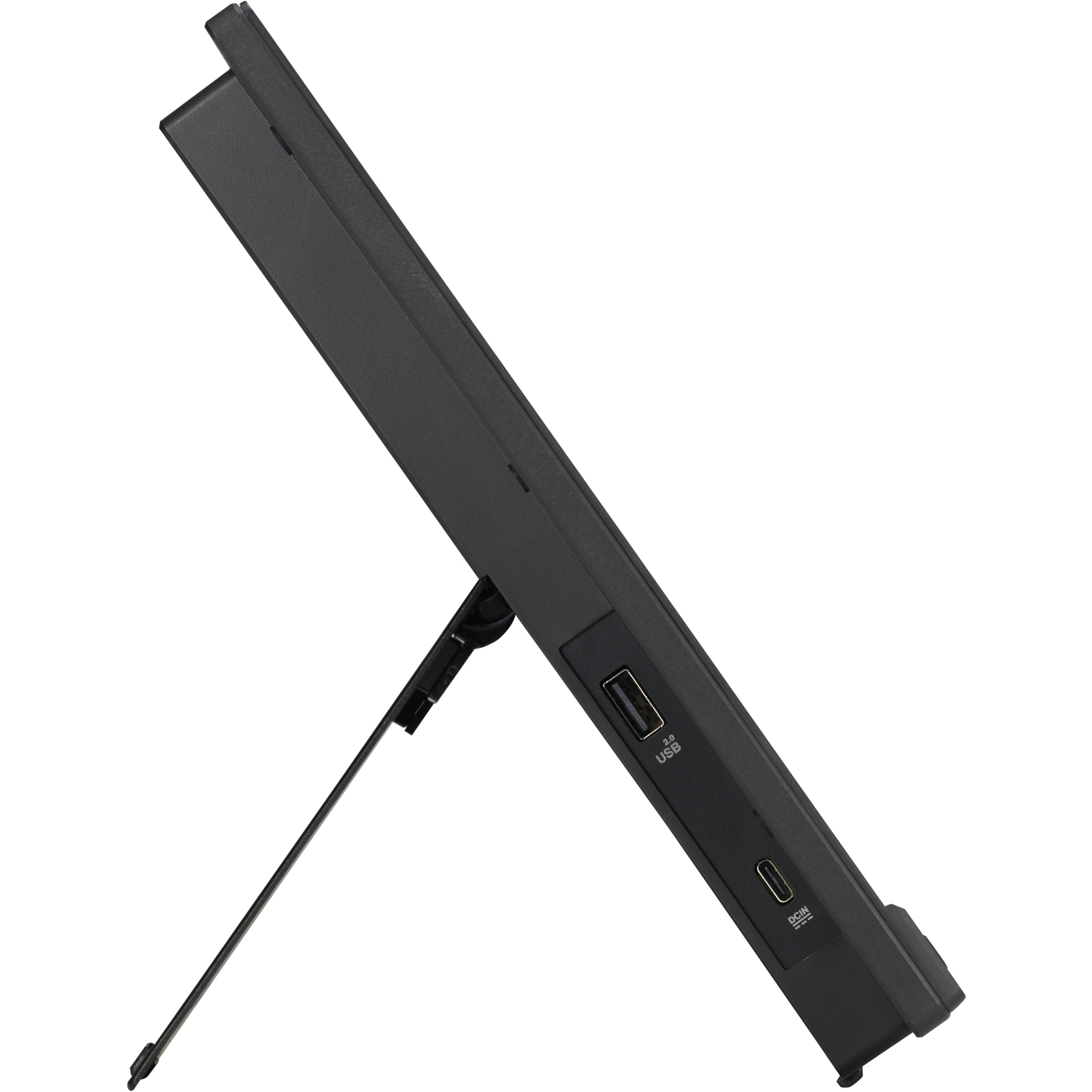Black tablet tilted with a stand, USB and DC ports visible. The tablet is positioned diagonally on a white background.