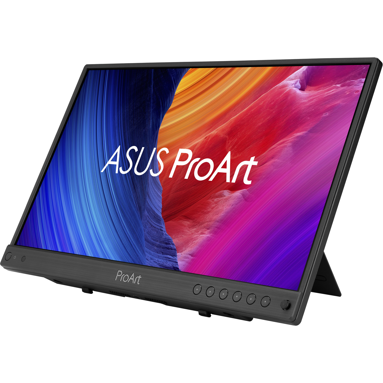 A tilted ASUS ProArt monitor displays colorful abstract art. The monitor is dark gray, with buttons and a stand. The brand is visible.