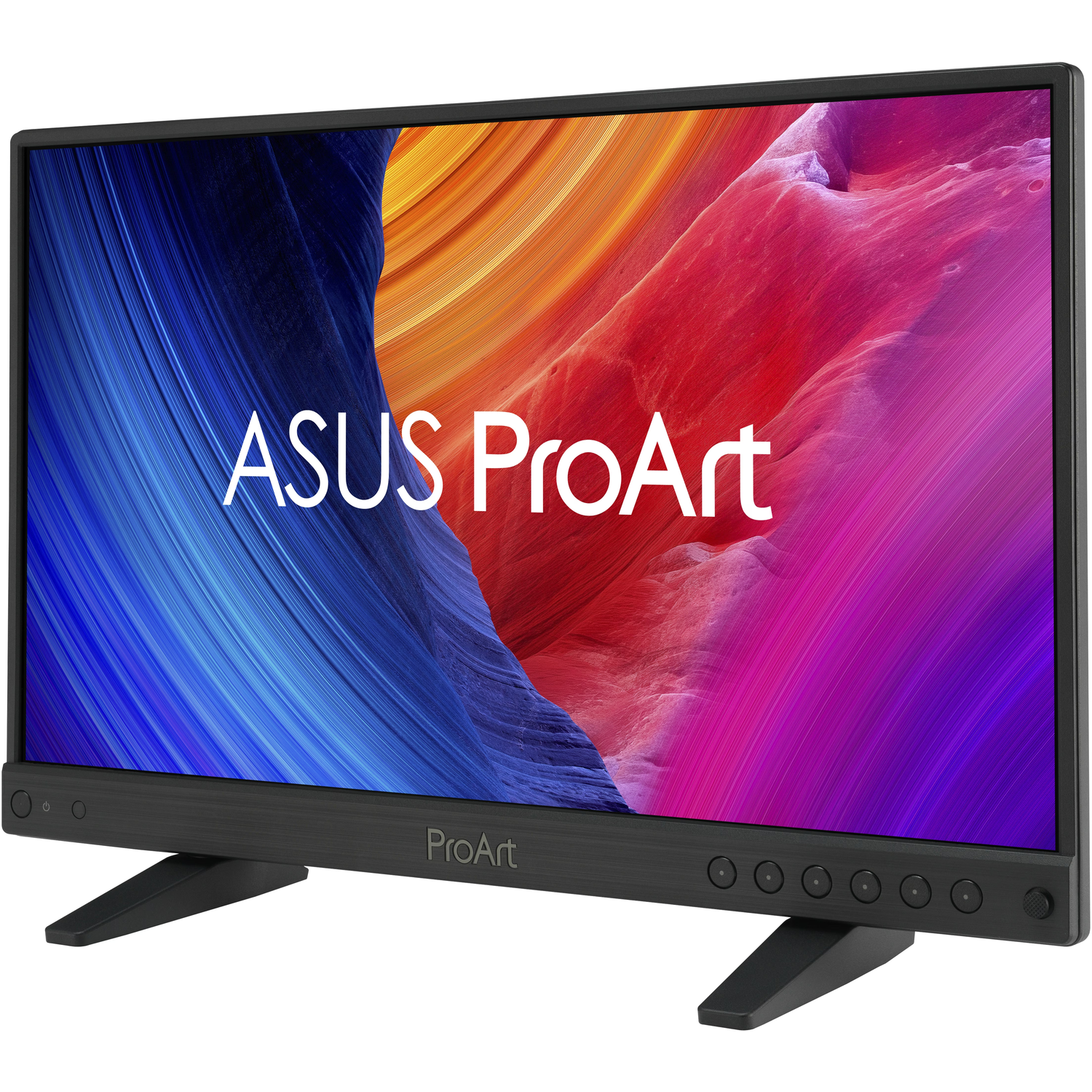 An ASUS ProArt monitor. Screen displays abstract art in blue, red, and purple. Monitor is black with a stand and control buttons.