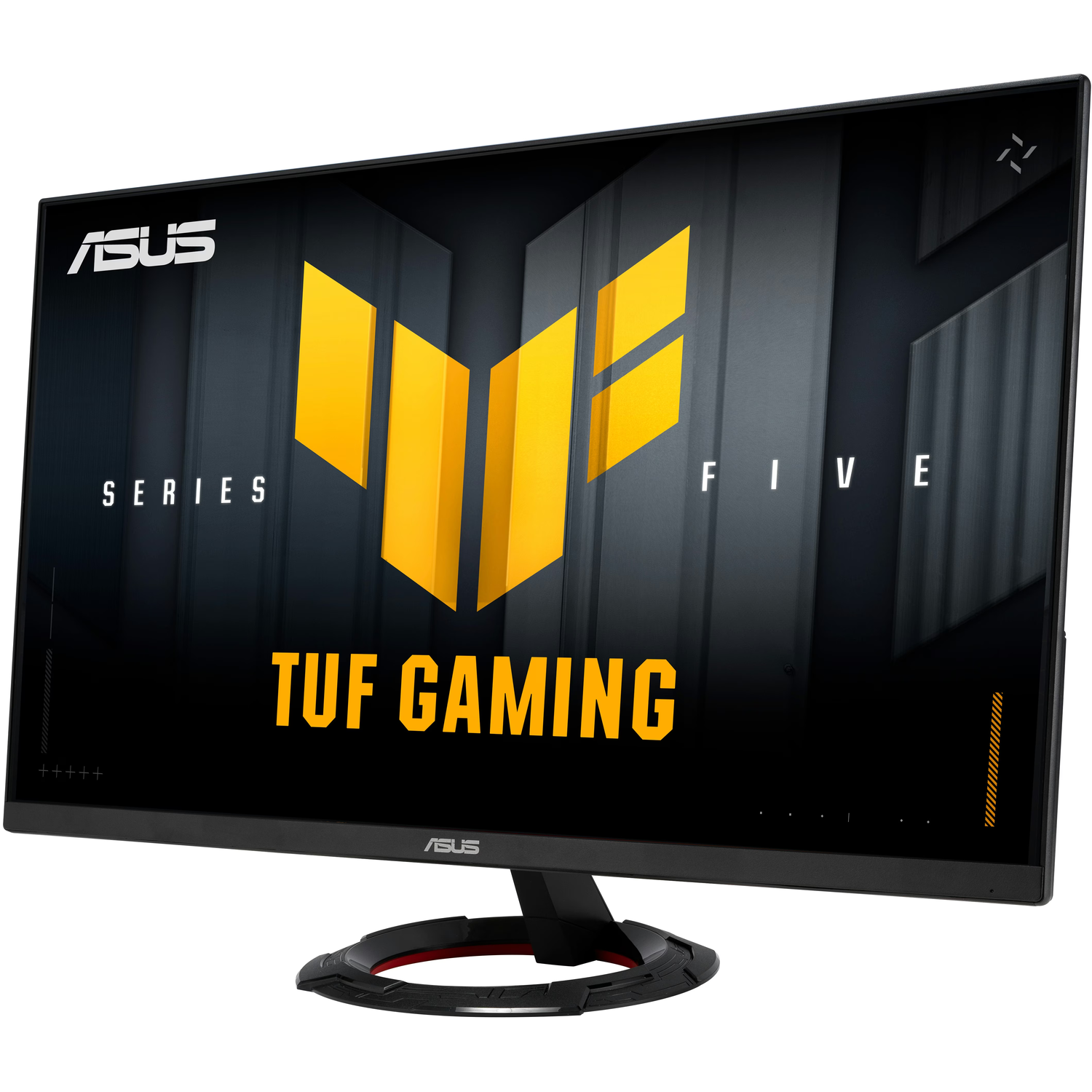 ASUS TUF Gaming monitor. Black bezel, stand. Yellow and black logo on screen: TUF GAMING. Text: SERIES FIVE.