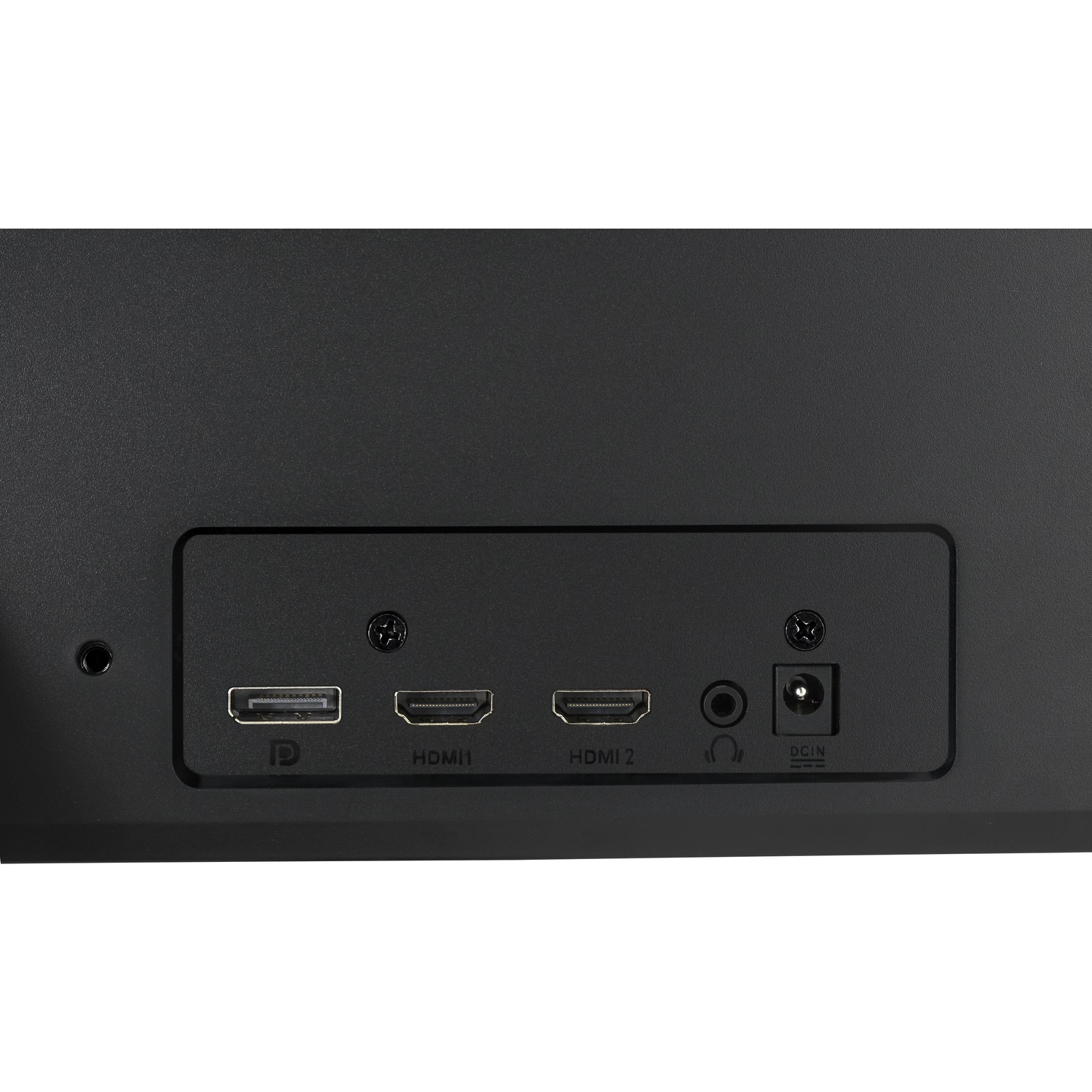 A close-up shows the back of a black monitor with various ports: DisplayPort, HDMI 1, HDMI 2, audio jack, and a DC IN port.