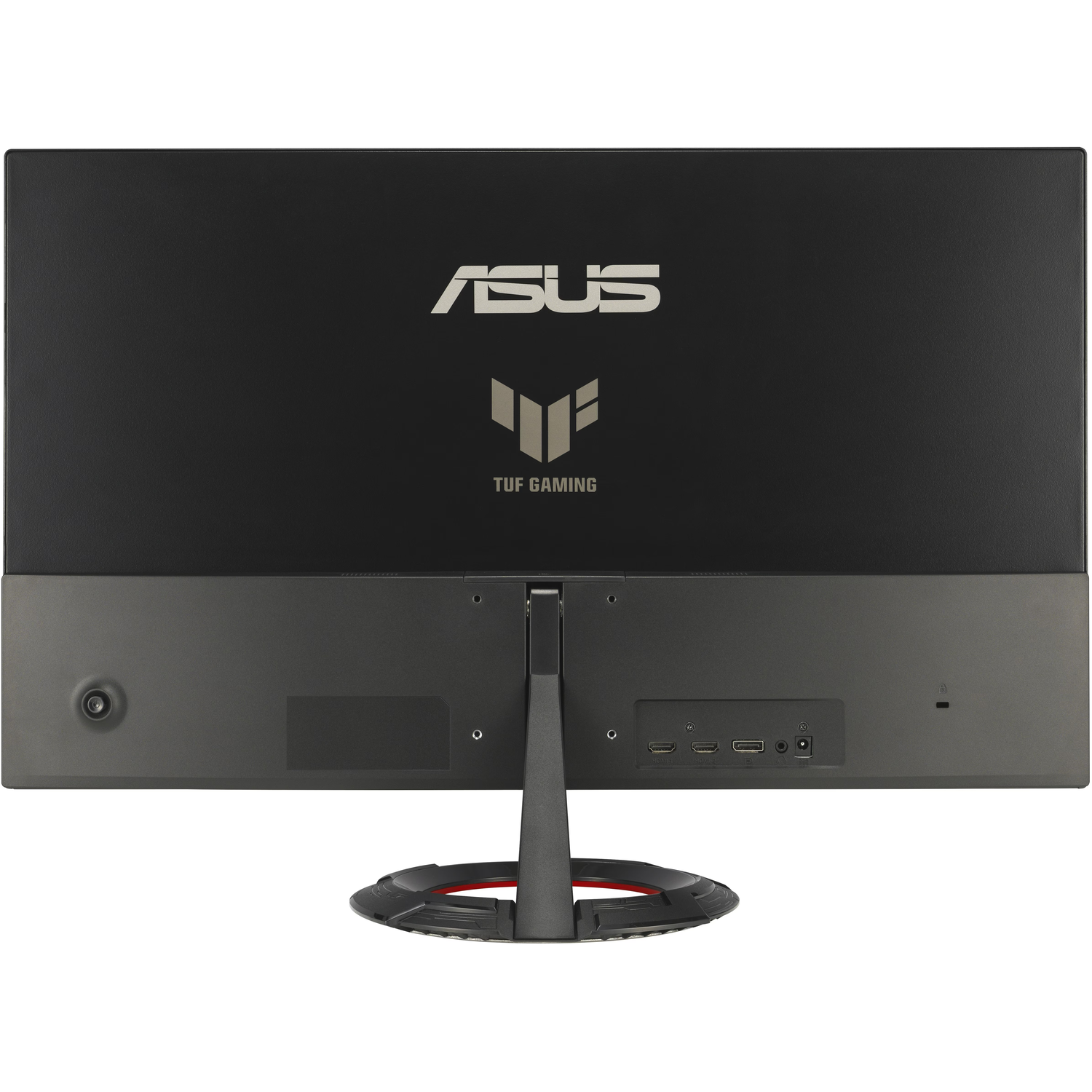 Rear view of ASUS TUF Gaming monitor. Black screen with the ASUS logo. Gray stand with red accent. Ports visible at the bottom.