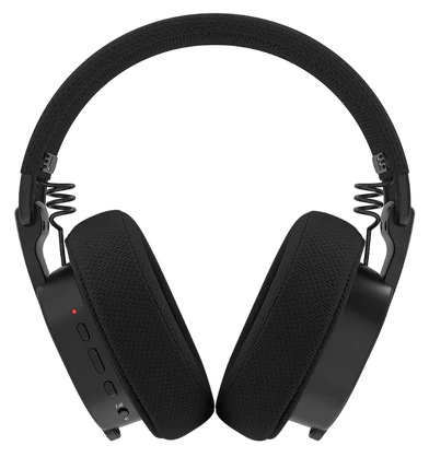 Czarne słuchawki z wyściełanym pałąkiem i nausznikami, z przyciskami i czerwonym światłem na lewym nauszniku.