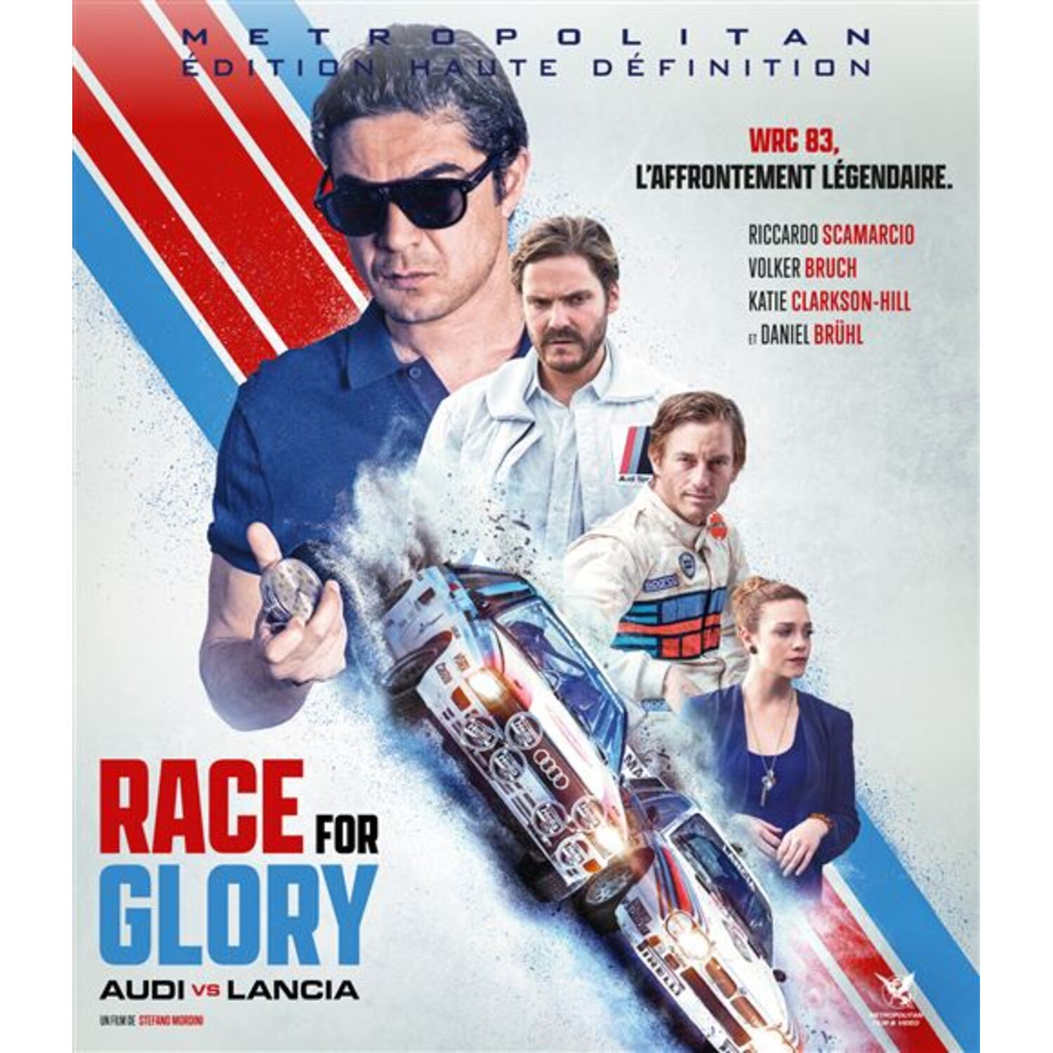 Movie poster for 'Race for Glory'. Features actors and race cars. Text includes 'Audi vs Lancia' and names of actors.