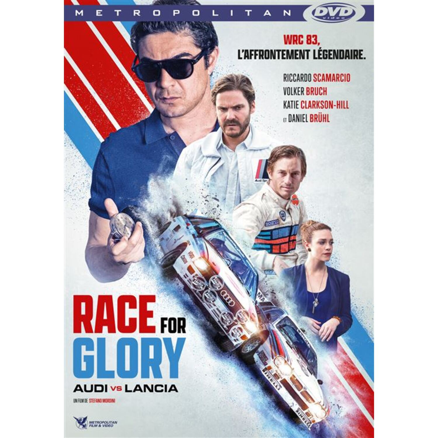Movie poster for 'Race for Glory'. Features actors, racing cars, and text. The title is in large letters with Audi vs Lancia.
