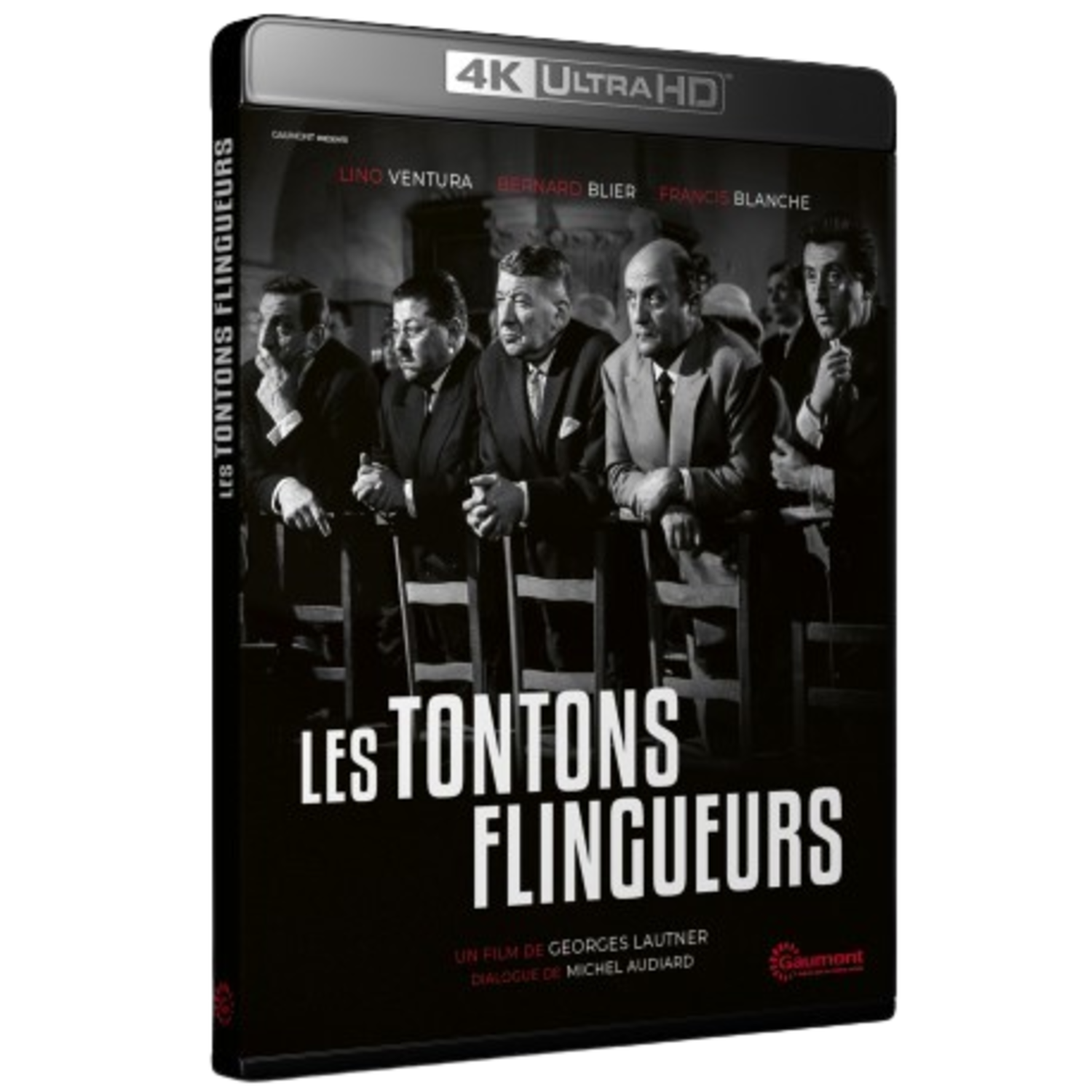 Couverture du film 'Les Tontons Flingueurs', en noir et blanc. Titre et crédits visibles.