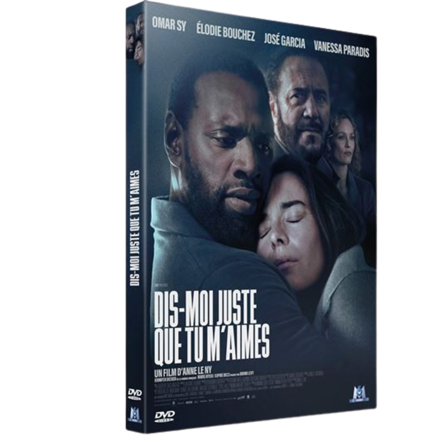 DVD-hoes van "Dis-moi juste que tu m'aimes". Omar Sy omhelst een vrouw. Gezichten van andere acteurs zijn zichtbaar. Donkerblauwe achtergrond.