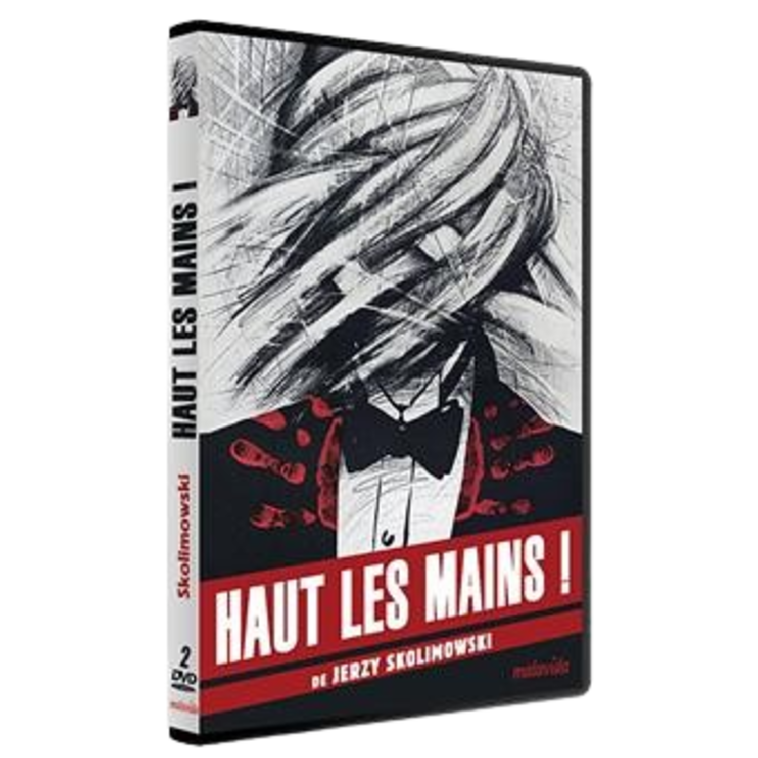 Boîtier DVD de 'Haut Les Mains I'. Comprend une œuvre en noir et blanc d'une figure avec des mains et un nœud papillon. Le texte rouge met en évidence le titre.