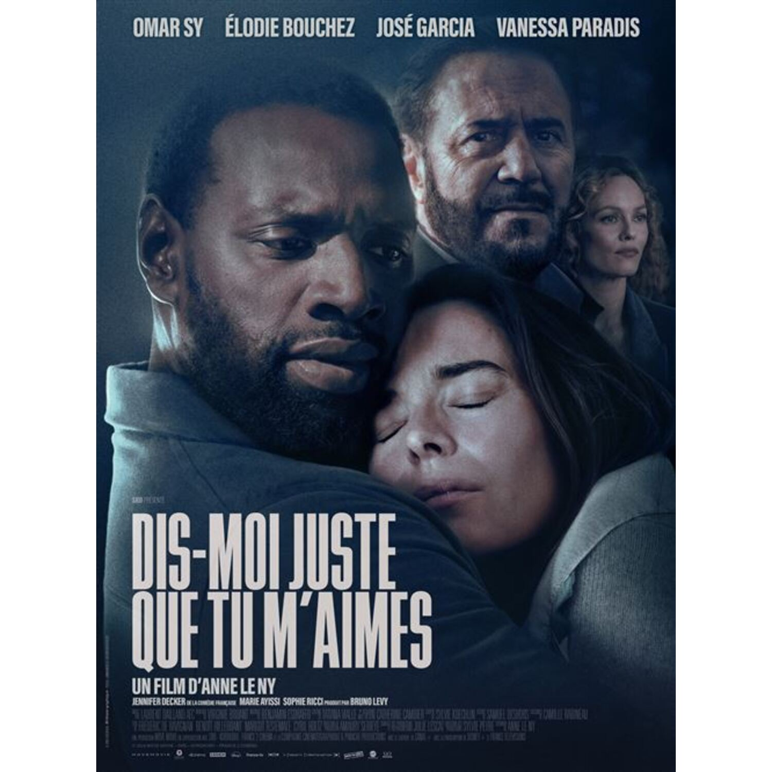Filmposter met Omar Sy, Elodie Bouchez, José Garcia en Vanessa Paradis. De titel "Dis-moi juste que tu m'aimes" is prominent.