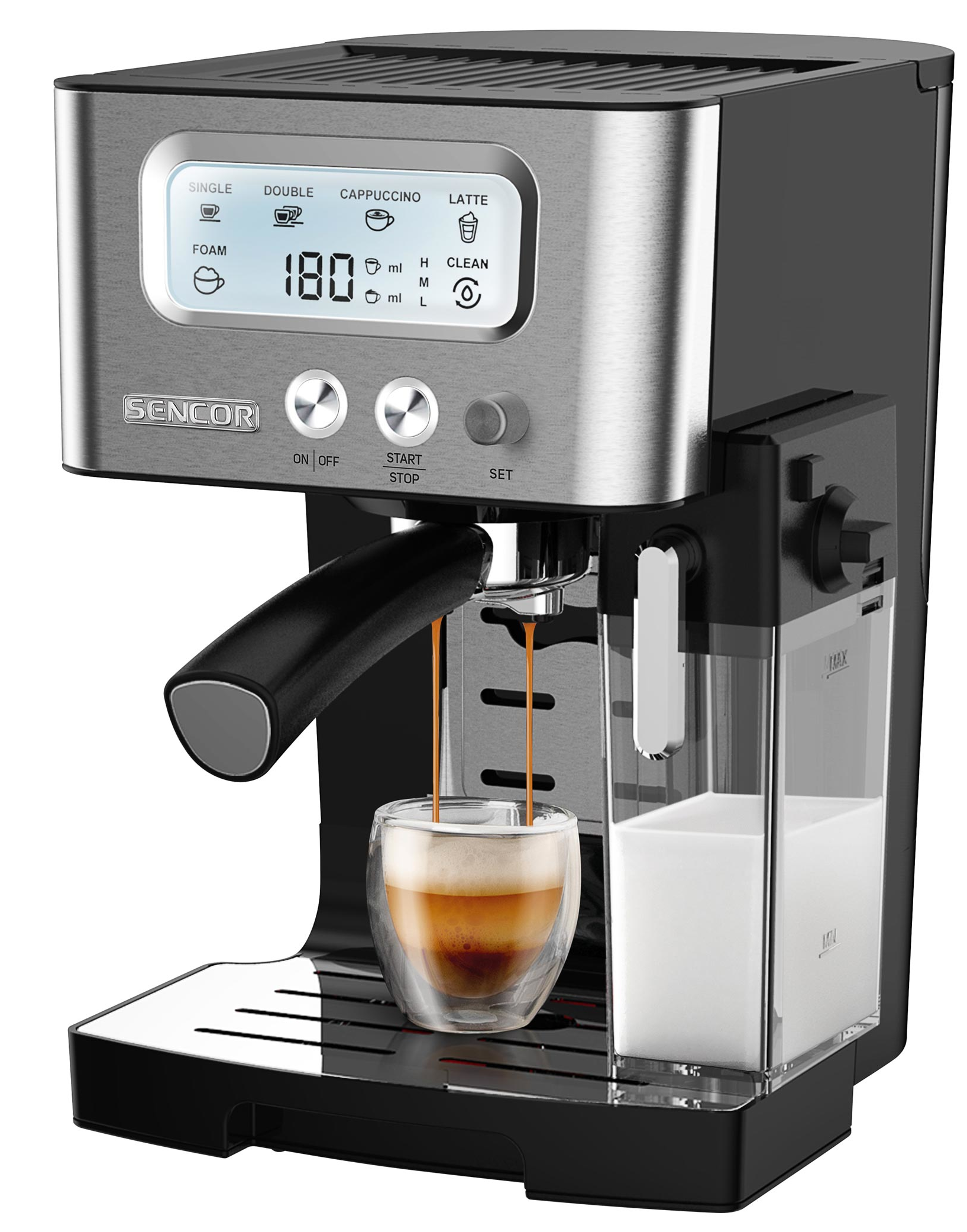 Ekspres do kawy dozuje kawę do szklanki. Maszyna jest czarna i srebrna. Pojemnik na mleko po prawej.