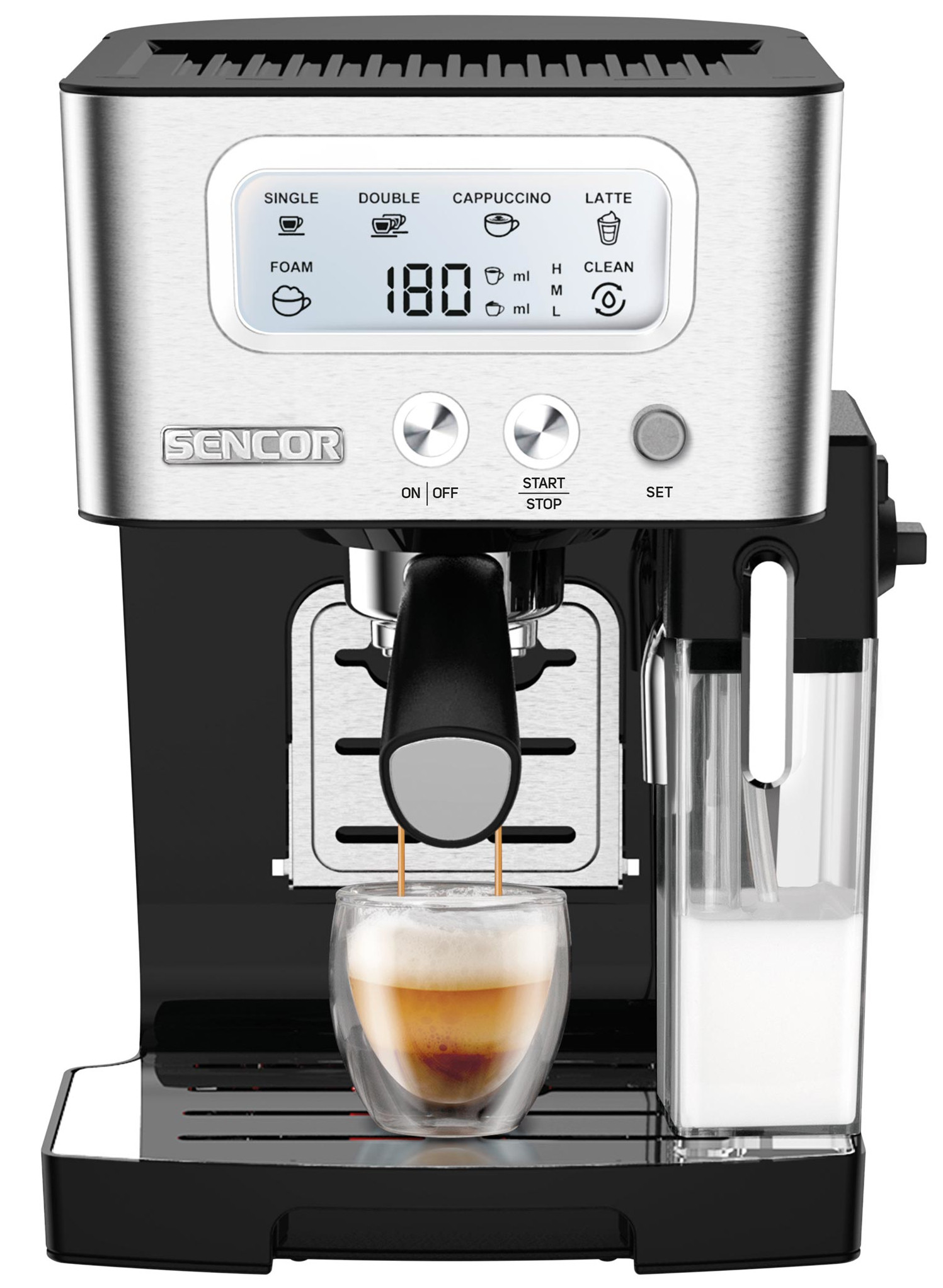 Ekspres do kawy Sencor z napełniającym się kubkiem. Wyświetlacz cyfrowy, przyciski do różnych rodzajów kawy i pojemnik na mleko są widoczne.