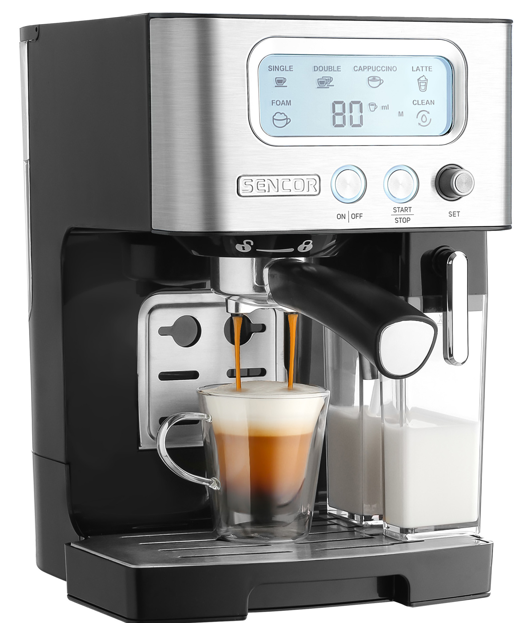 Ekspres do kawy dozujący kawę do szklanki. Pojemnik na mleko po prawej stronie. Wyświetlacz pokazuje ustawienia i funkcje.