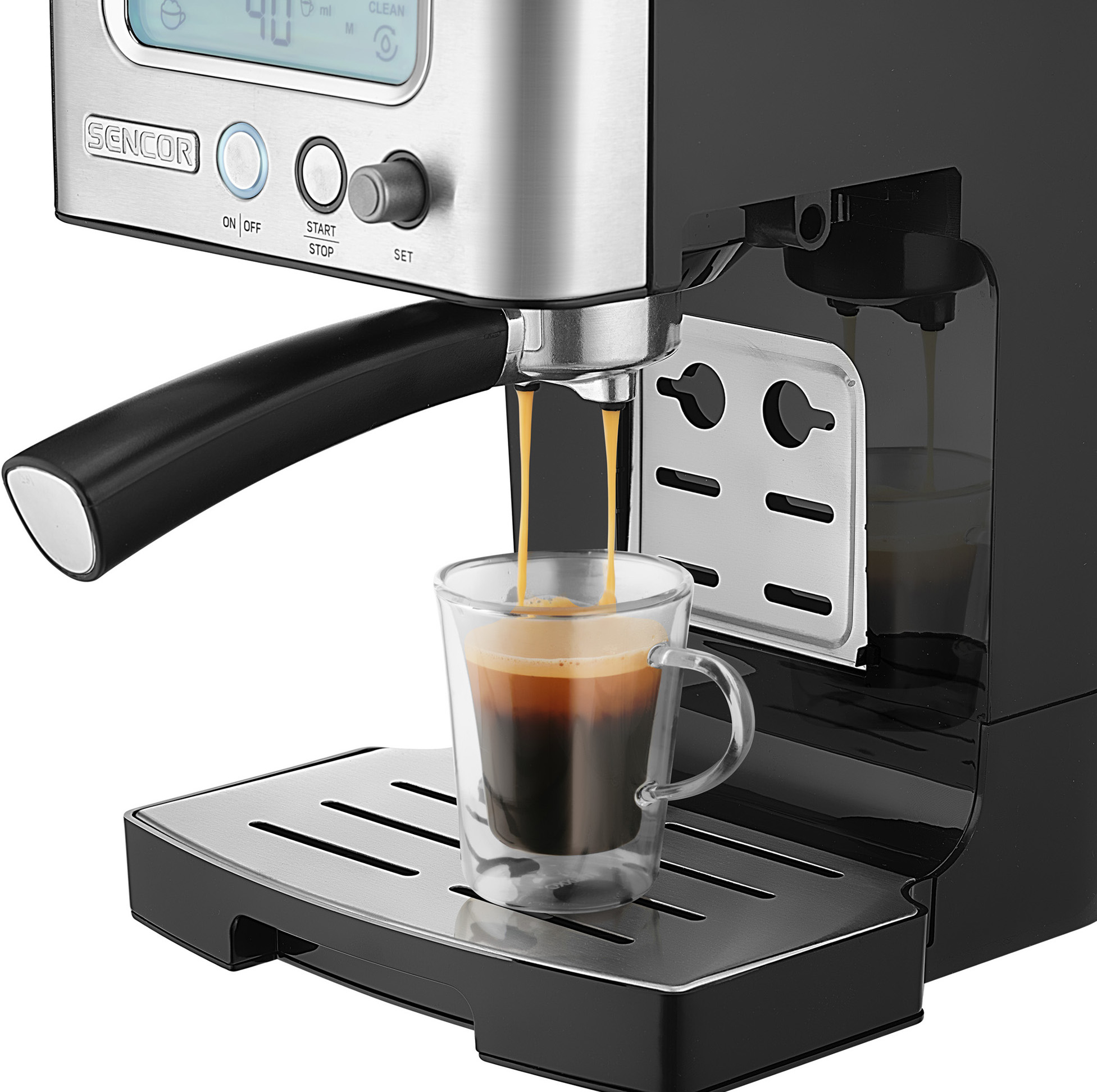 Ekspres do kawy parzący kawę do szklanki. Maszyna jest czarna i srebrna z cyfrowym wyświetlaczem.