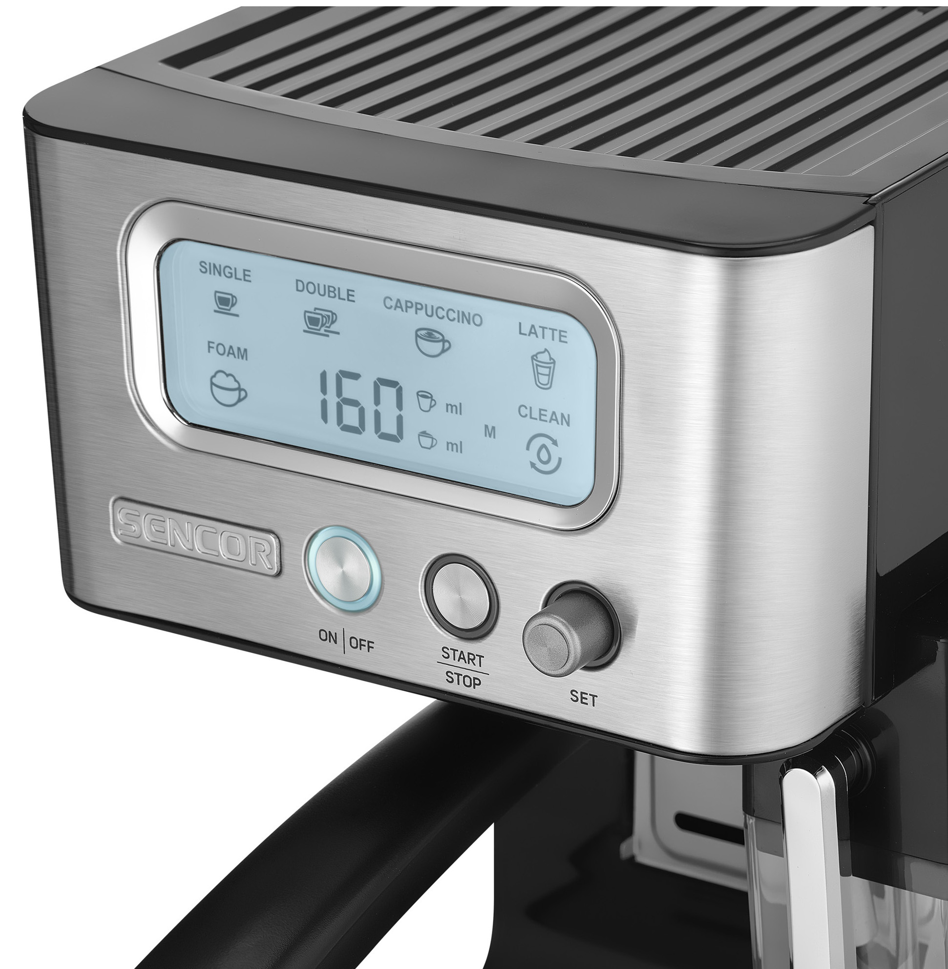 Zbliżenie panelu sterowania ekspresu do kawy. Ma wyświetlacz cyfrowy z ustawieniami dla różnych rodzajów kawy i pokrętło.