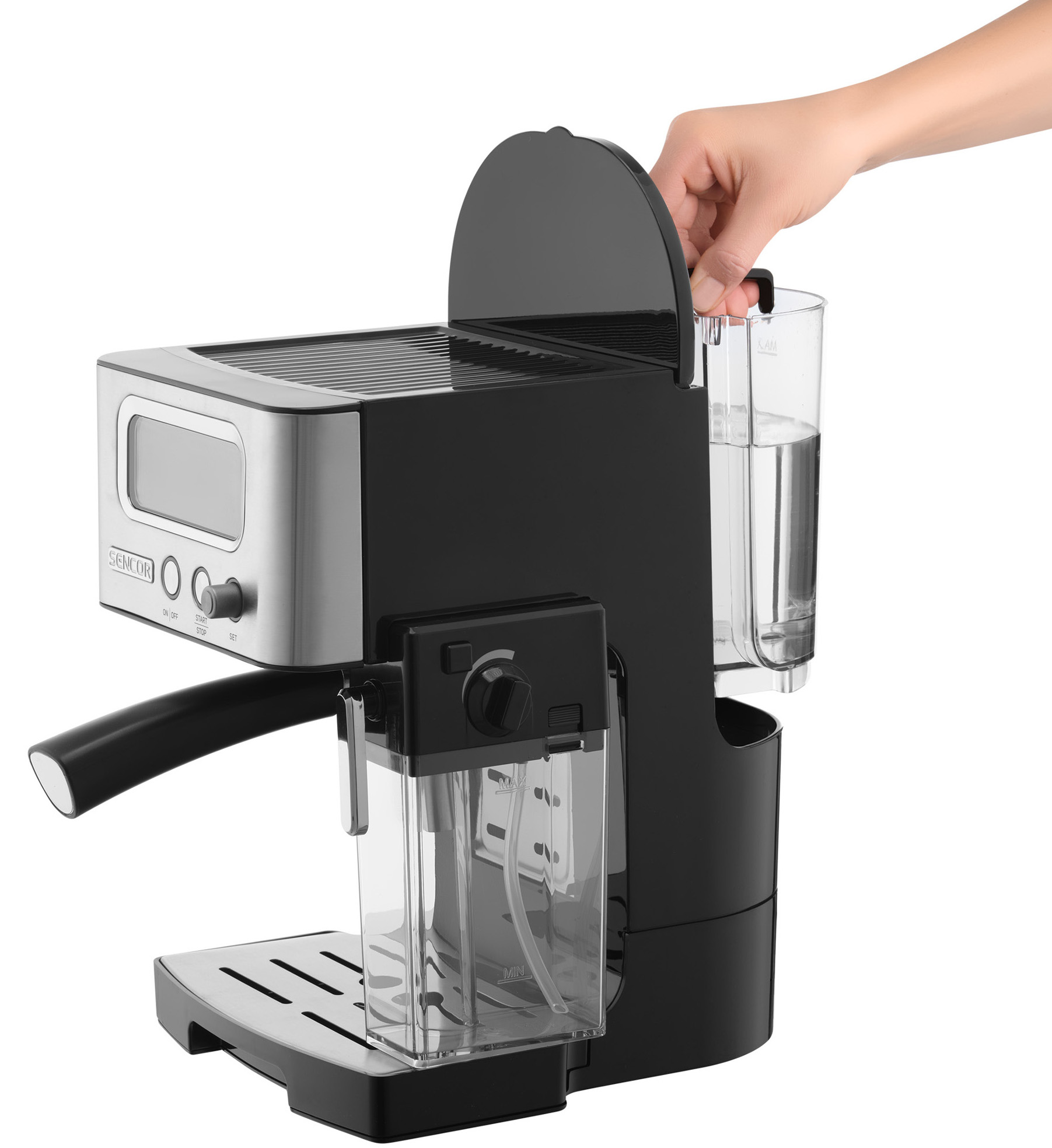 Ekspres do kawy z ręką otwierającą pokrywę zbiornika na wodę. Jest czarny i srebrny z przezroczystymi pojemnikami na wodę.