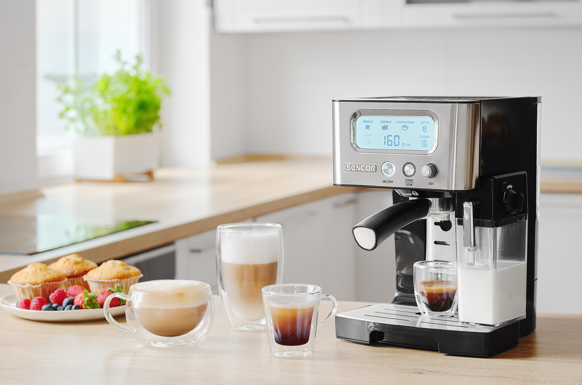 Ekspres do kawy z filiżankami kawy, babeczkami i jagodami na drewnianym stole. Zielone rośliny w białej doniczce w tle.