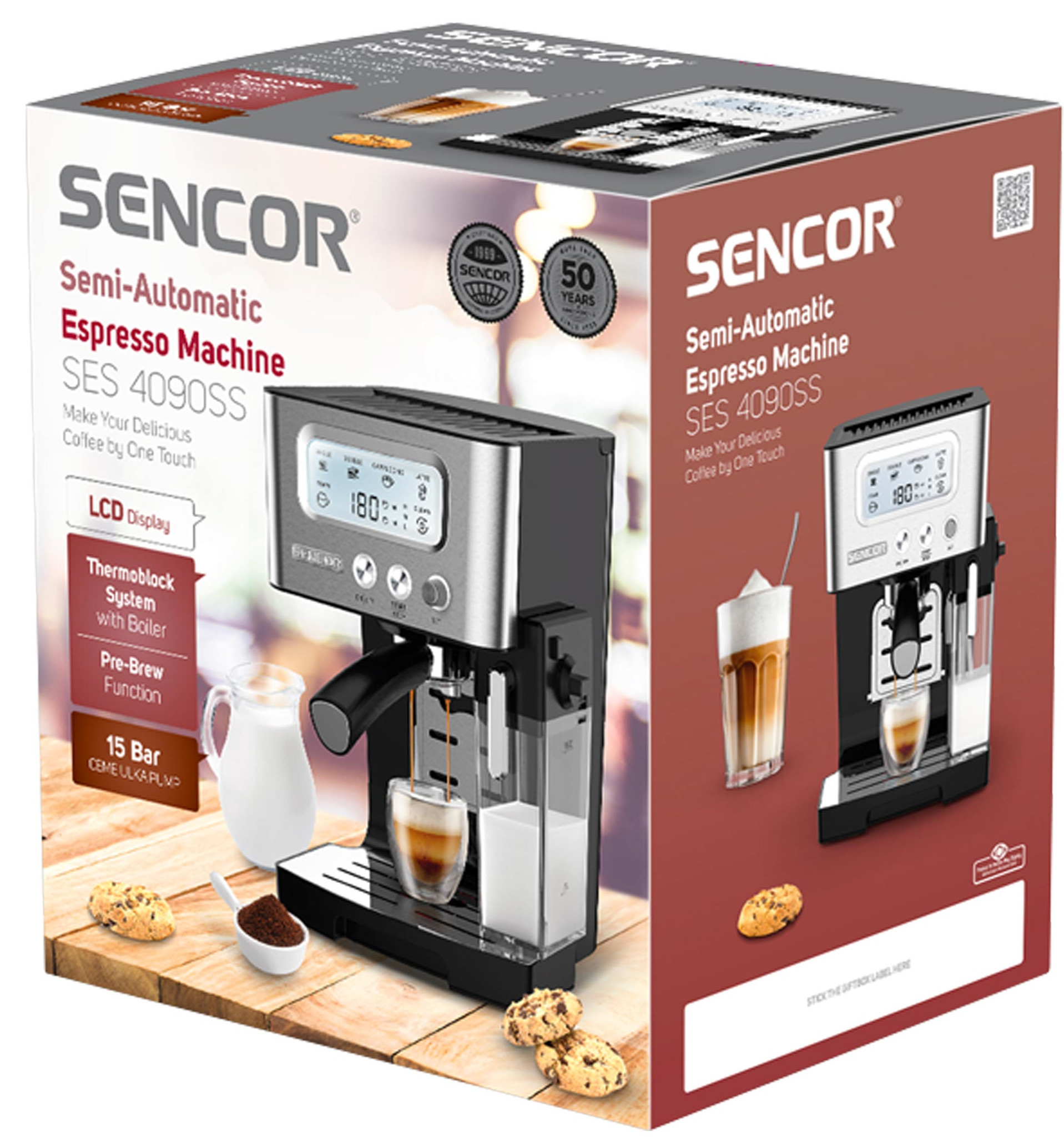 Pudełko ekspresu do kawy Sencor. Pokazuje ekspres, kawę, mleko, ciastka. Posiada wyświetlacz LCD, termoblok i 15 barów.