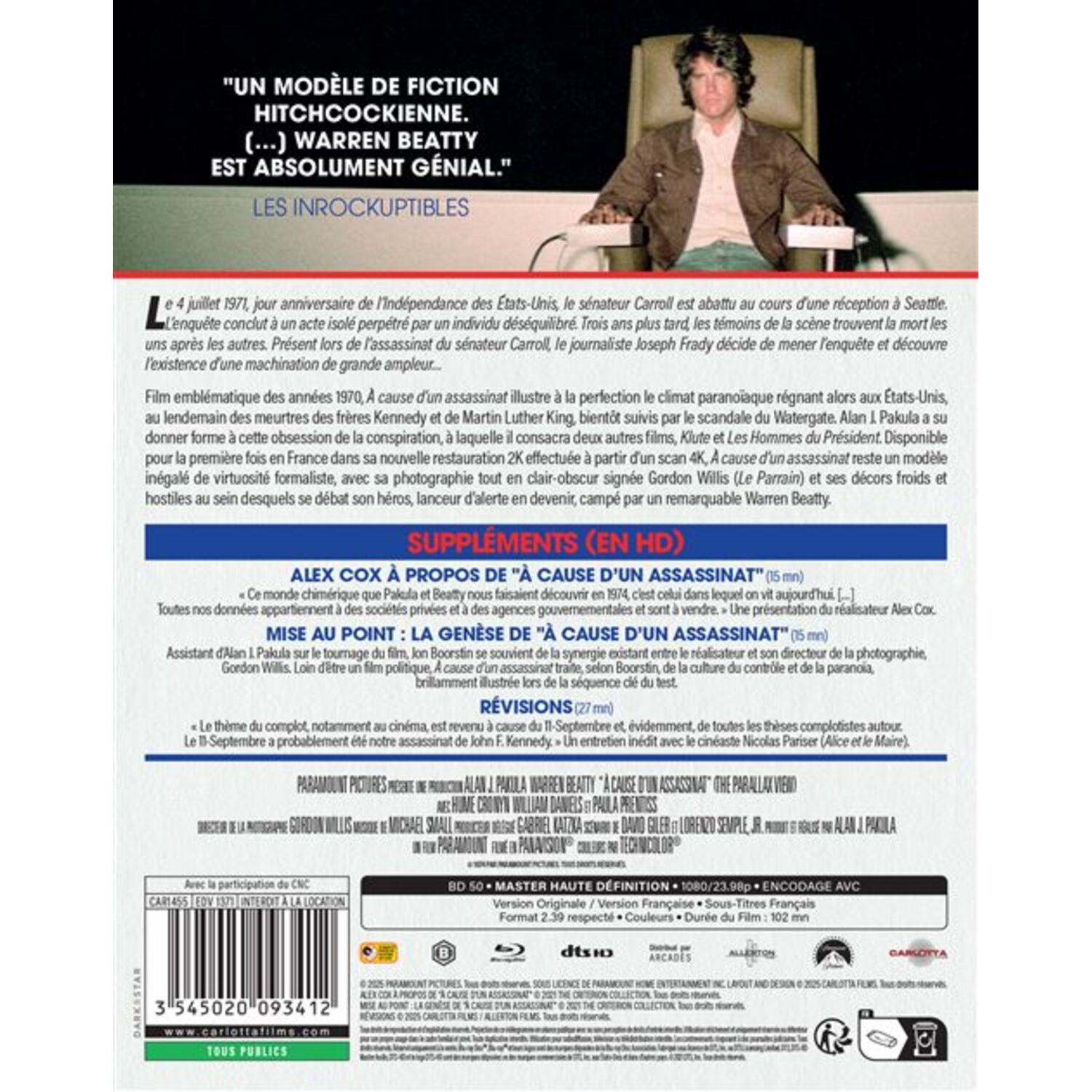 Une affiche de film avec du texte et un homme en costume. Elle fait la promotion de 'A Cause d'un Assassinat', avec une citation, le casting et les crédits.