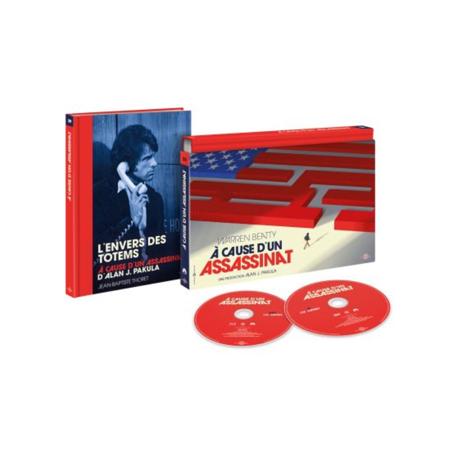 Coffret de films avec couvertures et disques rouges. Une couverture montre un homme au téléphone. L'autre est un labyrinthe du drapeau américain.