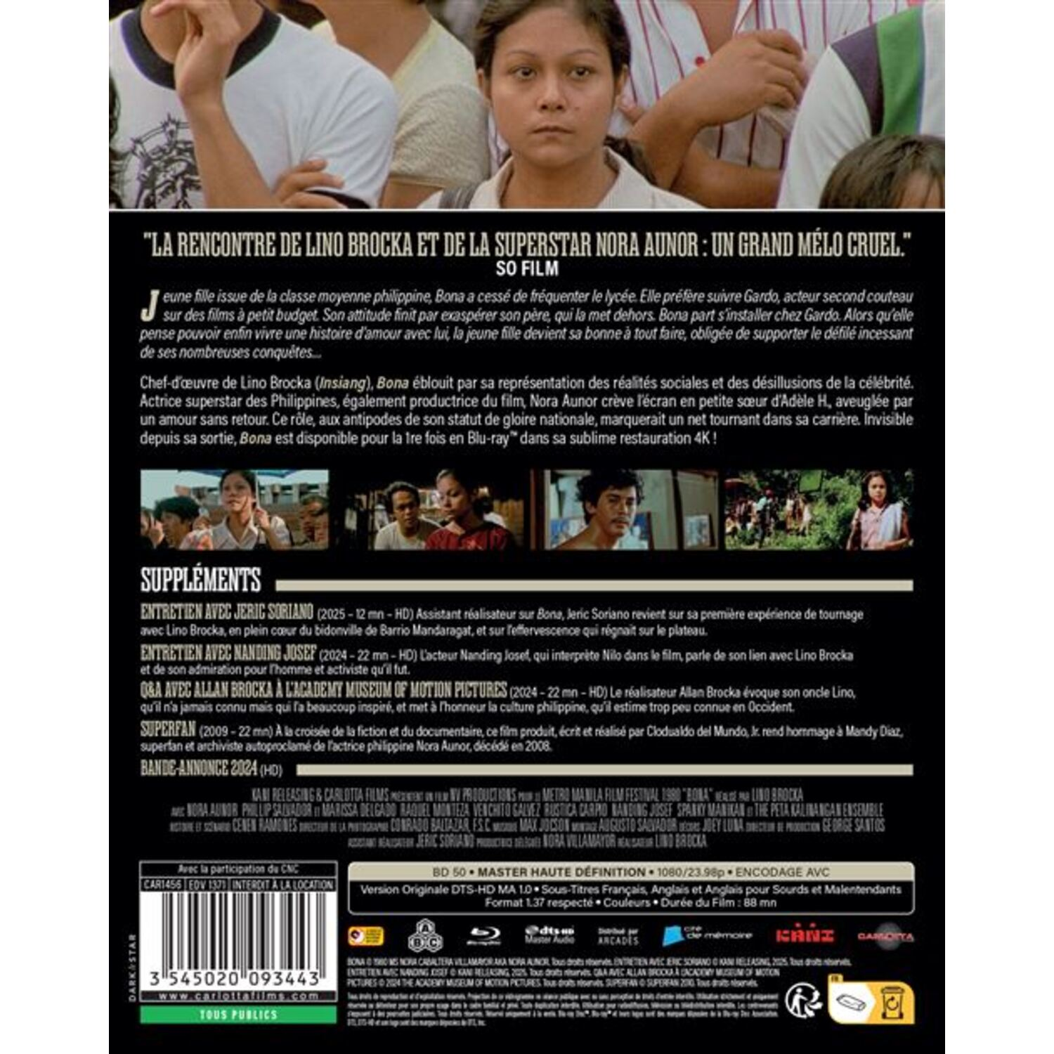 Filmposter met Franse tekst. Toont een vrouwengezicht, filmtitel en credits. Blu-ray details onderaan.