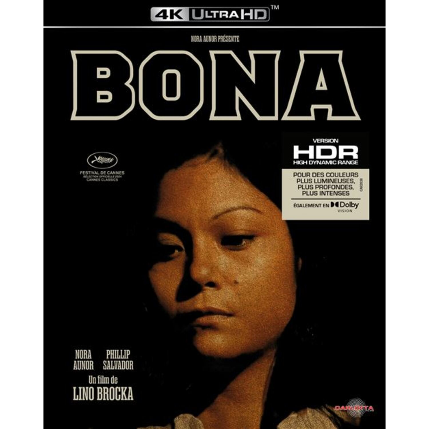 Filmposter voor 'Bona'. Toont het gezicht van een vrouw, titeltekst en festivallogo's. Donkere achtergrond met vermeldingen van HDR en Dolby Vision.