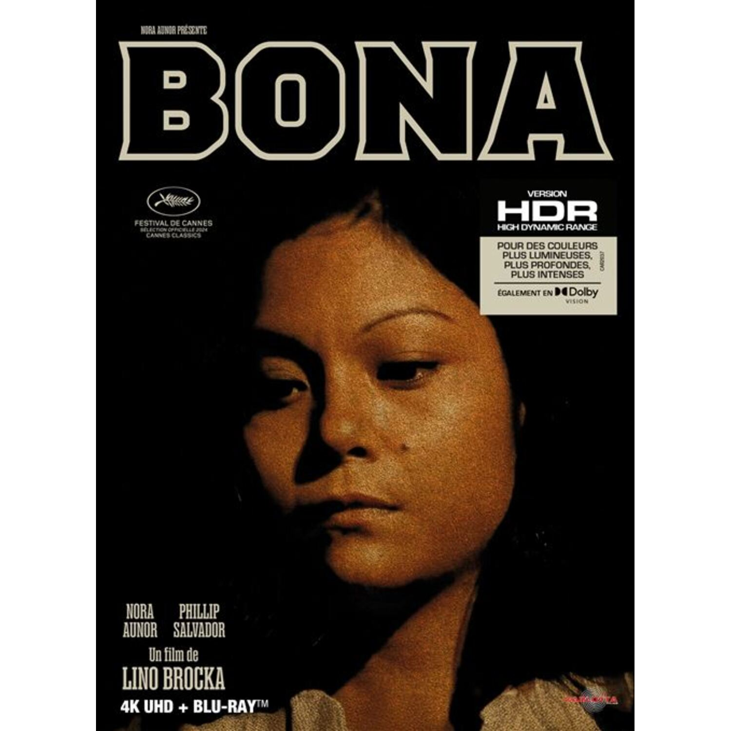 Filmposter voor 'Bona'. Gezicht van een vrouw gecentreerd, met tekst erboven en eronder, waaronder 'Lino Brocka' en '4K UHD'.