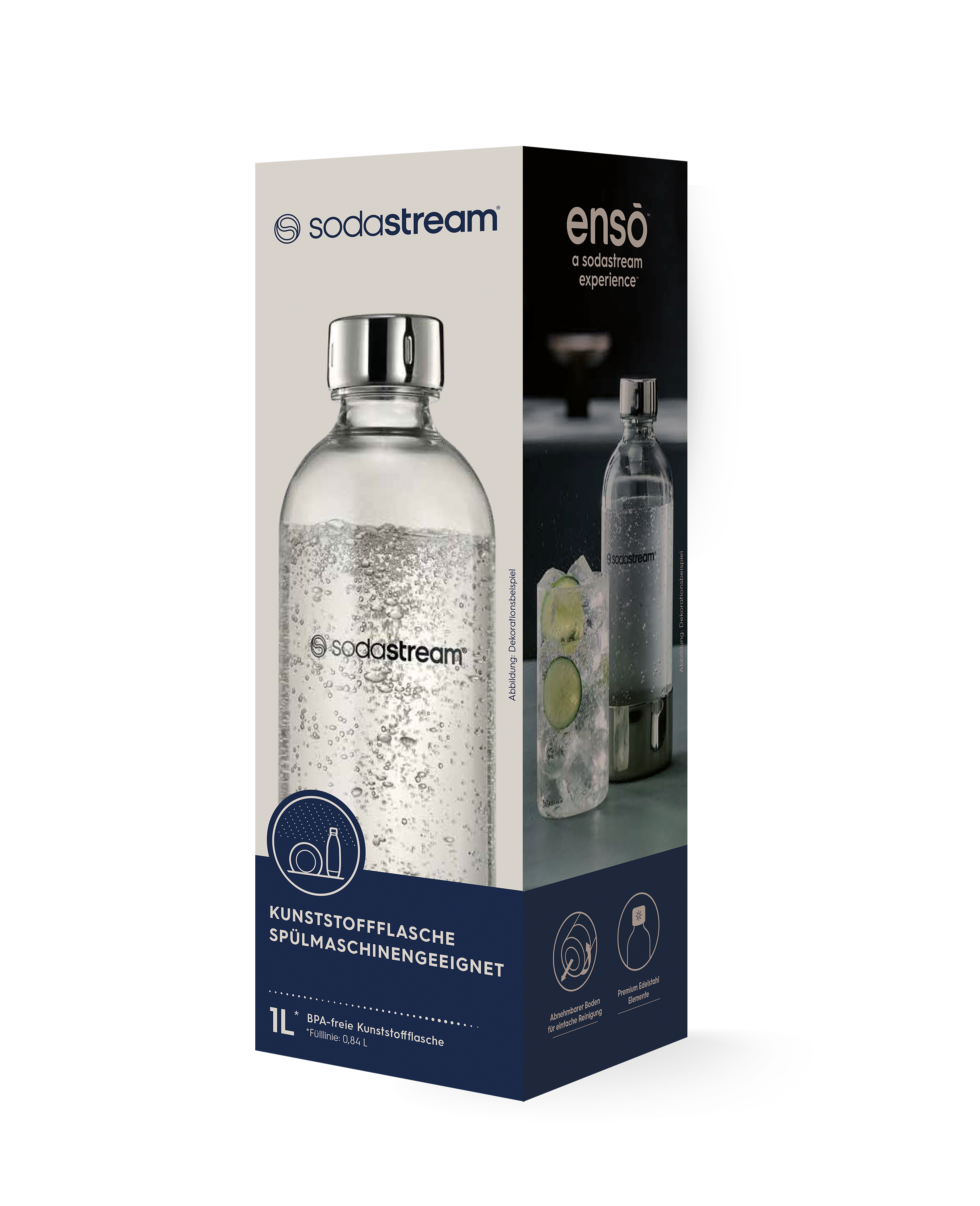 Eine Sodastream-Flasche mit einer Box. Auf der Box sind eine Wasserflasche, ein Glas mit Eis und das Sodastream-Logo zu sehen.