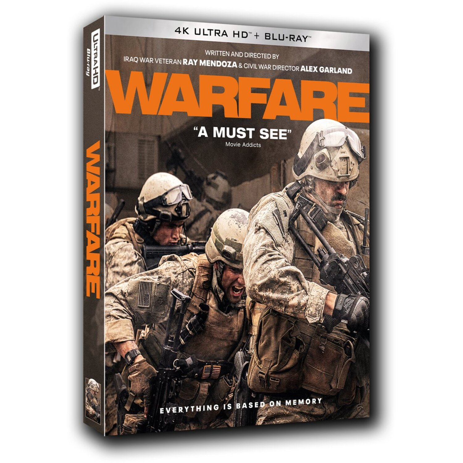 Movie cover. Soldiers in combat gear. Title 'Warfare'. Text: 'A must see'. Background: war scene.