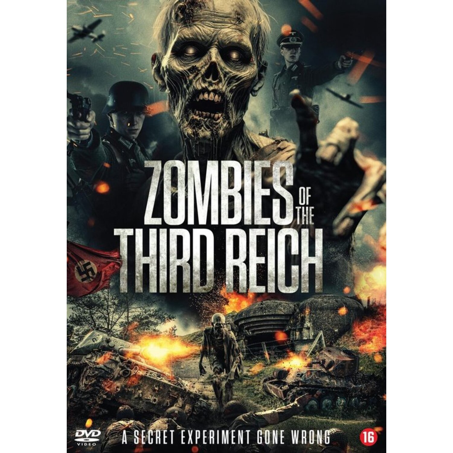 Affiche du film : Zombies of the Third Reich. Comprend un zombie, des soldats, des explosions, un drapeau avec une croix gammée et un char. Thème sombre et plein d'action.