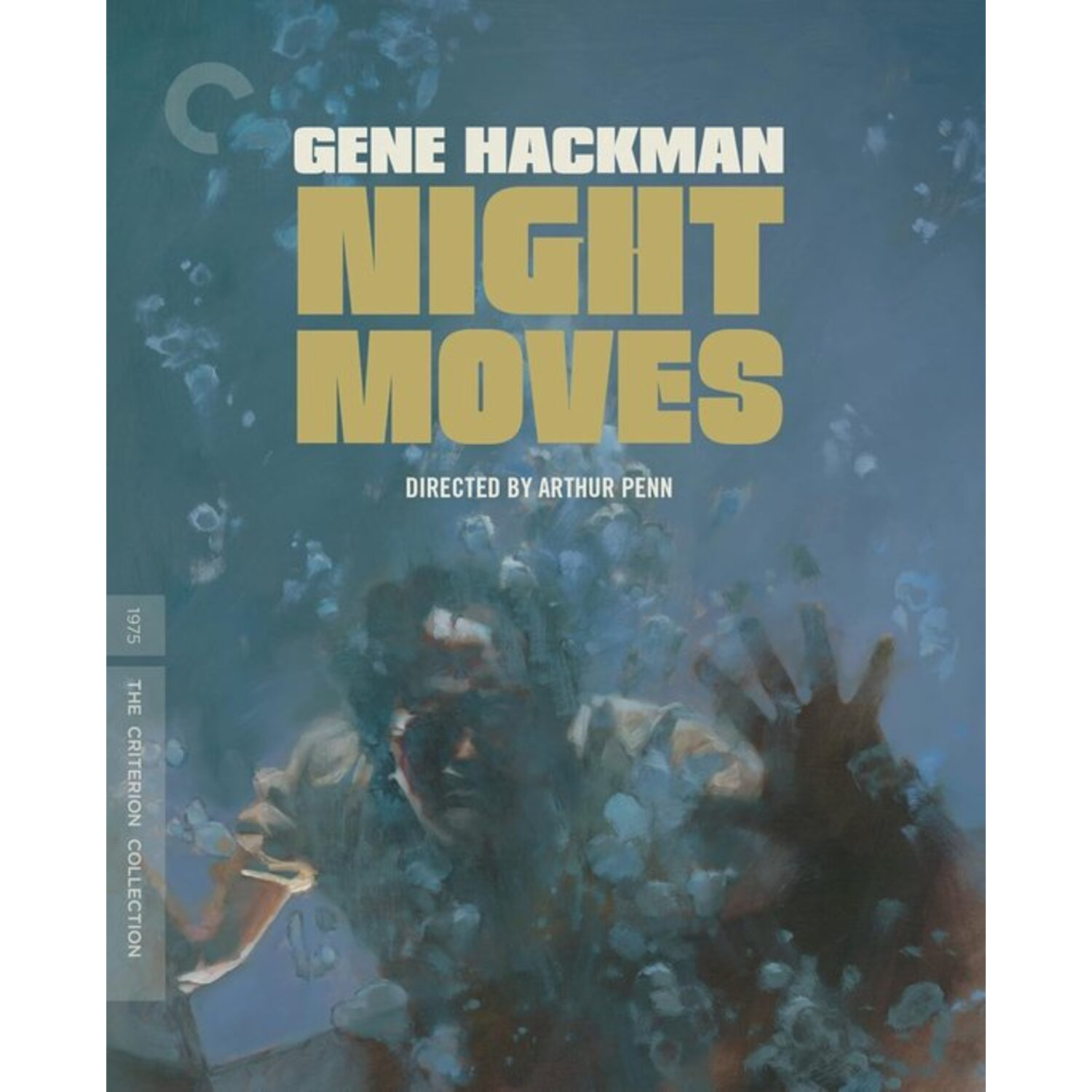 Movie poster for Night Moves. Gene Hackman's name is above the title. A hand reaches out, submerged in blue water.