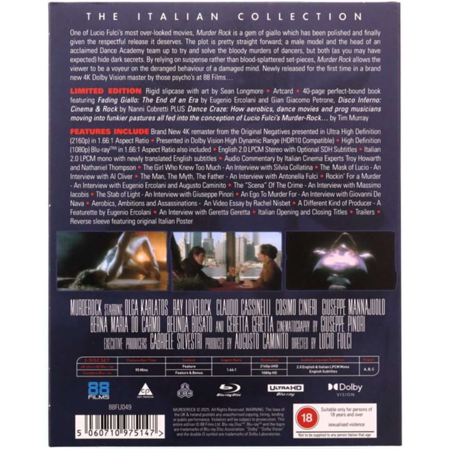 Movie cover: text about Murder Rock, actors, and features. Includes images and logos for 88 Films, Blu-ray, and Dolby Vision.