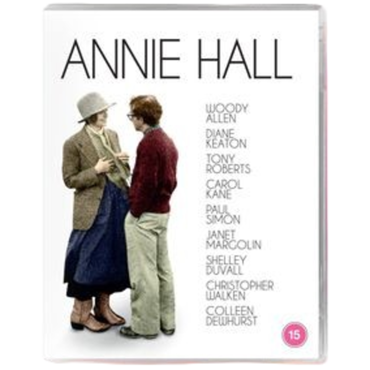 Couverture du DVD de 'Annie Hall'. On voit Woody Allen et Diane Keaton. Les noms des acteurs sont listés à droite. Une classification '15' est dans le coin.