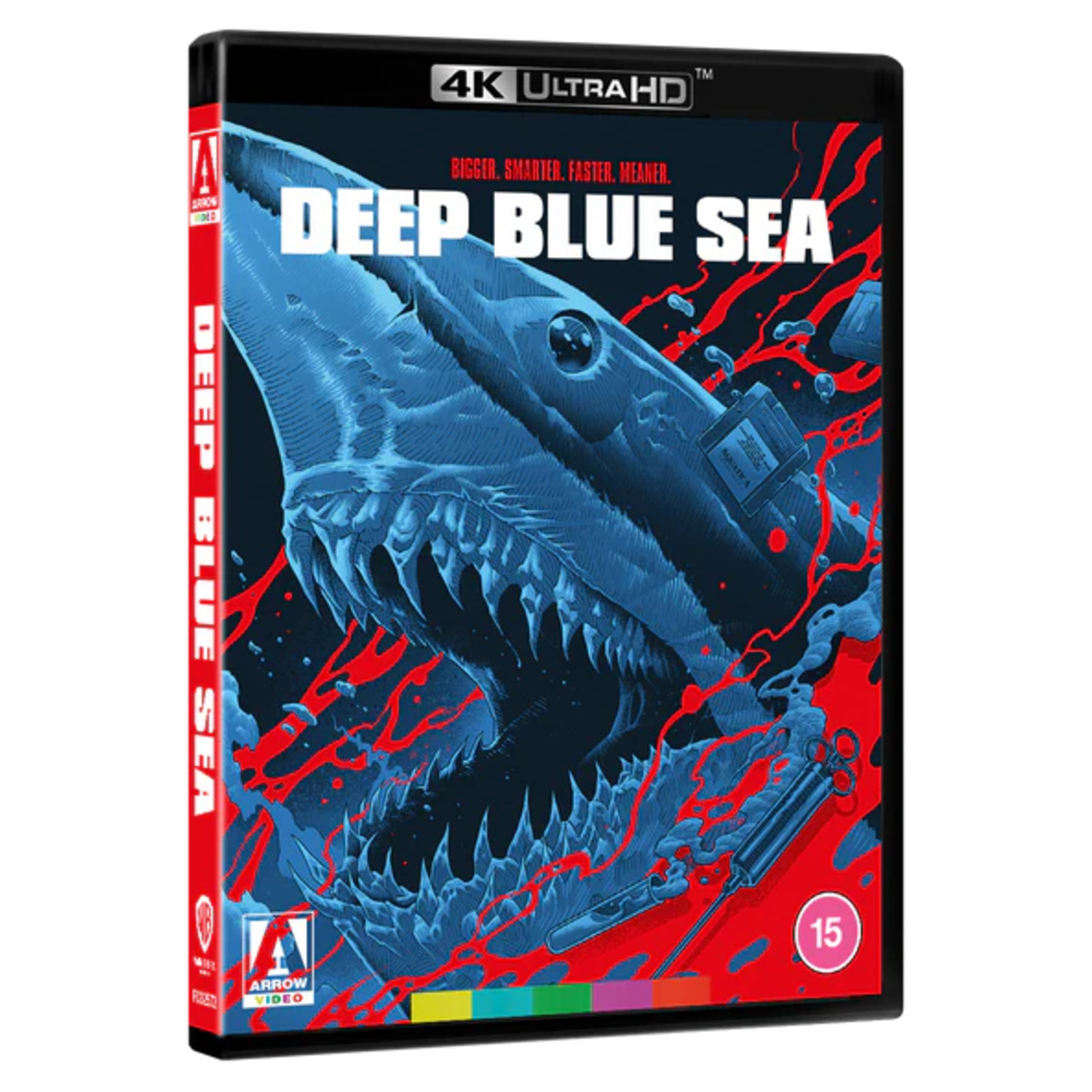 Movie cover of Deep Blue Sea. A shark with open jaws dominates the image. Red accents, text and a 15 rating.