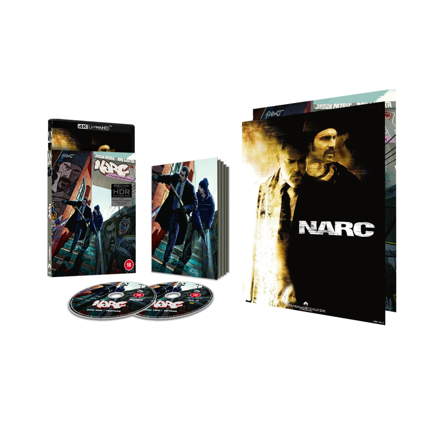 A NARC movie set. It includes a 4K Blu-ray case, a book, and two discs. The cover art features actors in a dark setting.