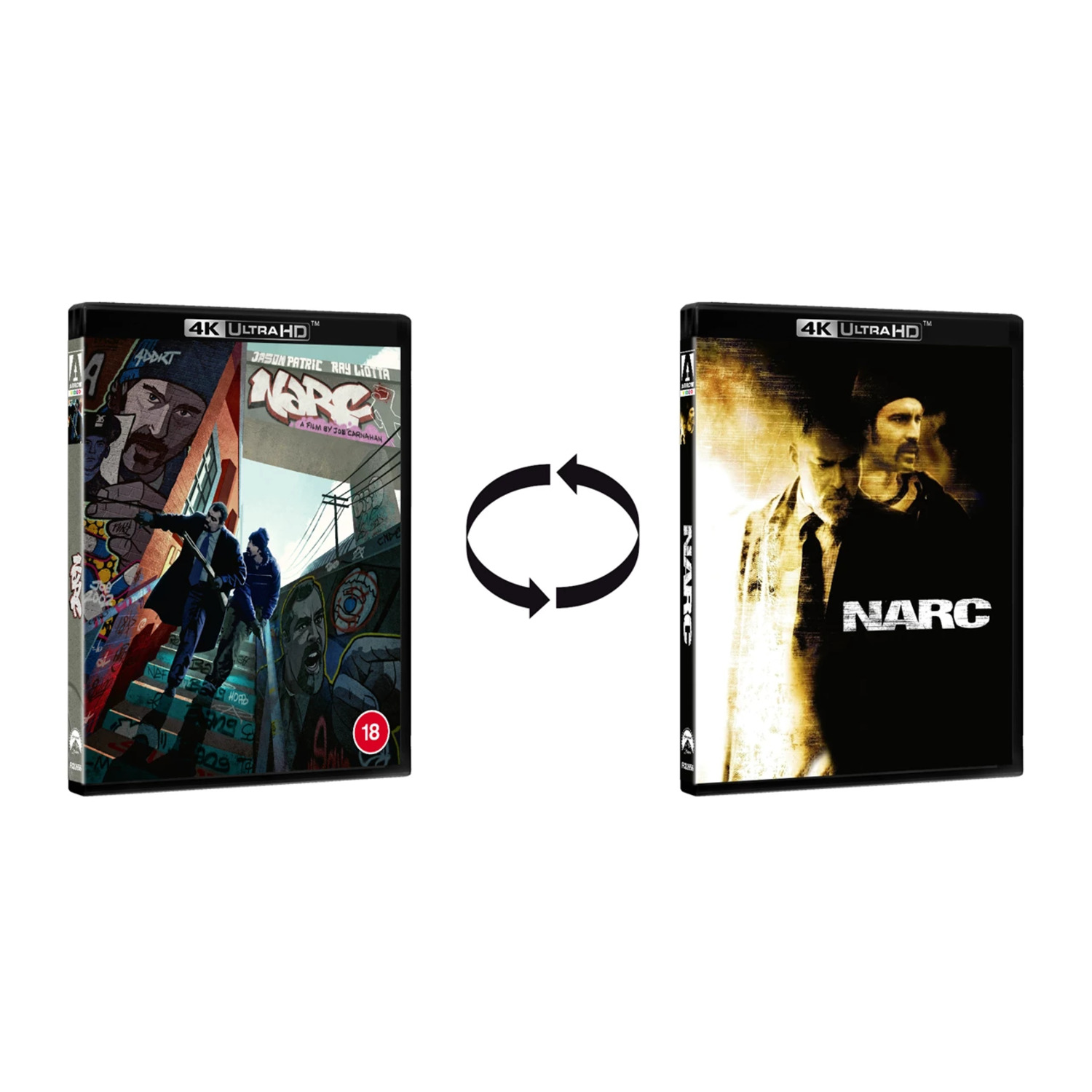 Two NARC movie covers, one with a graffiti background and the other with a dark, blurred image. Both are 4K Ultra HD.