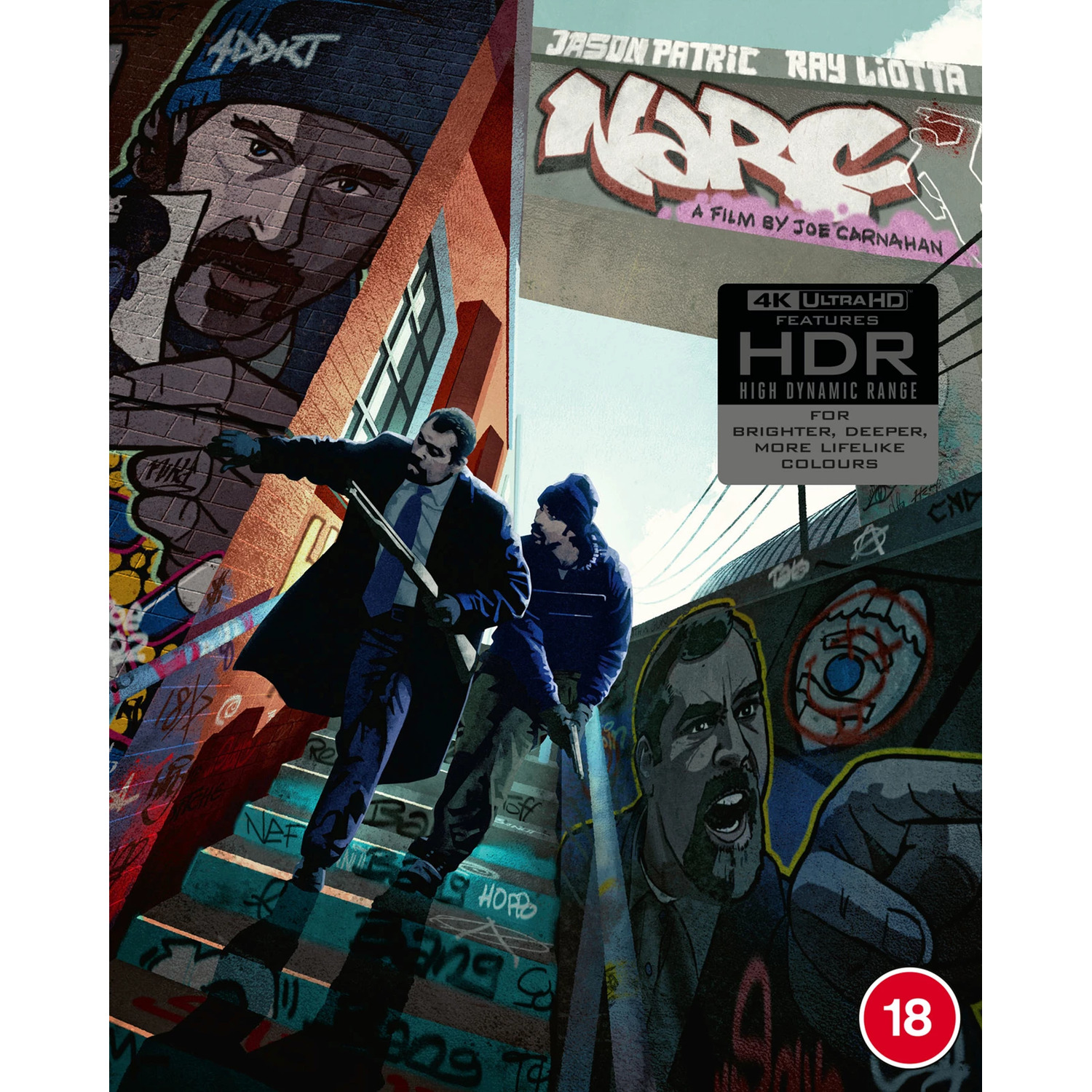 Movie cover with actors on stairs, graffiti, and title 'Narc'. Features actors Jason Patric and Ray Liotta. HDR and 18 rating.