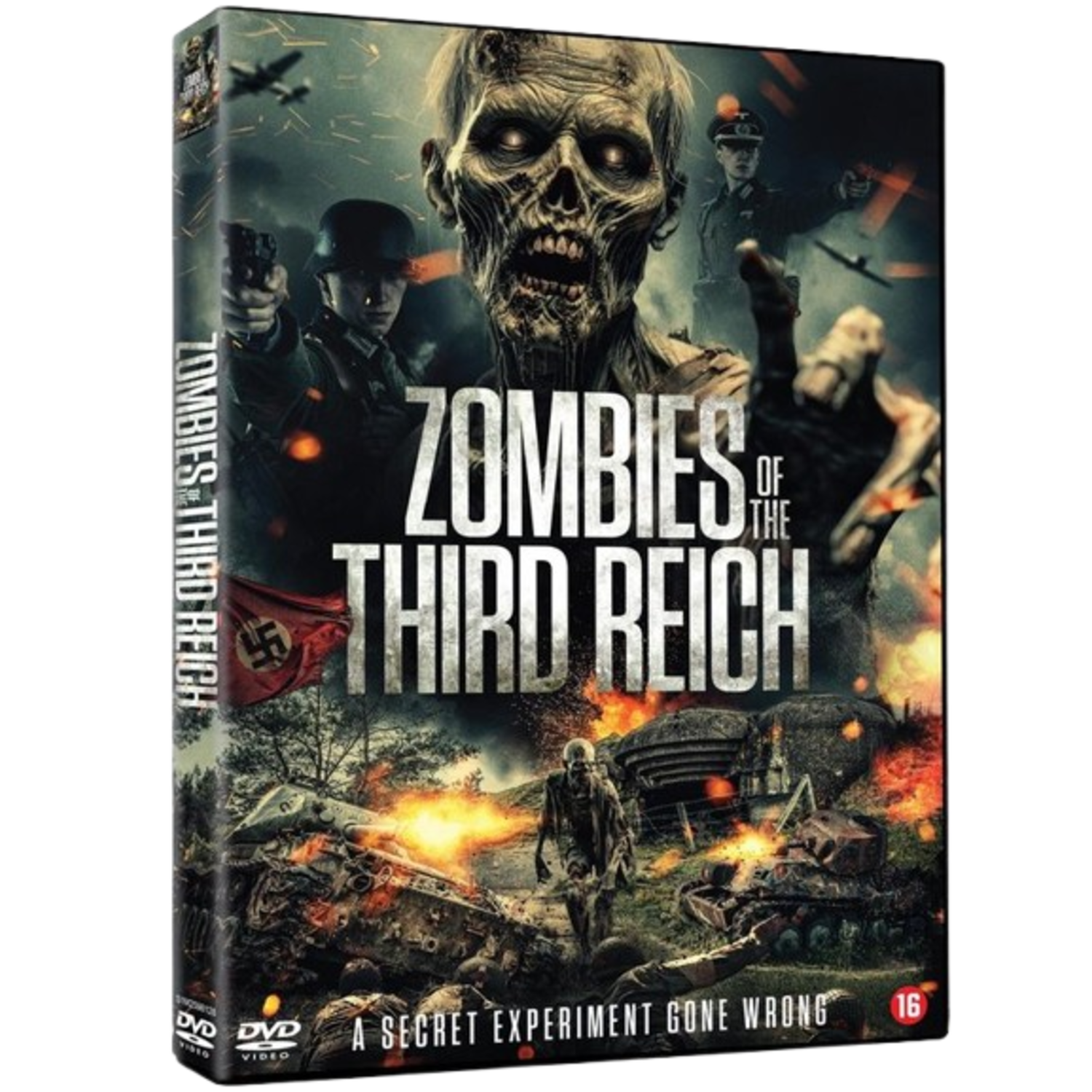 Couverture DVD : Zombies of the Third Reich. Montre un zombie, des soldats, des chars et un champ de bataille en feu.