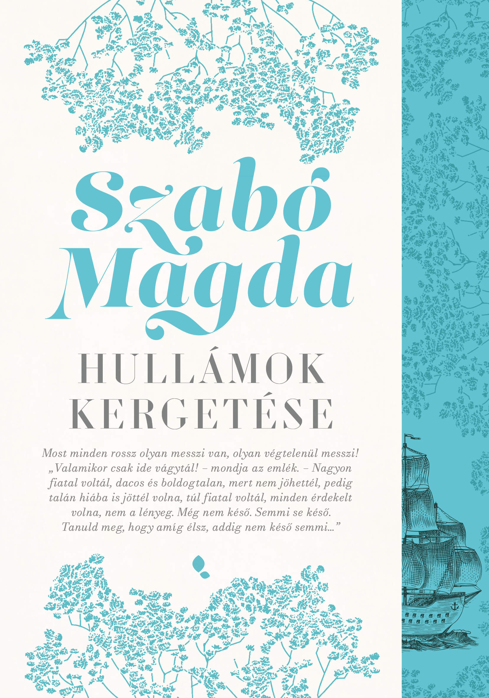 Könyvborító türkiz szöveggel: Szabó Magda, Hullámok Kergetése. Virágminták és hajó grafika. Szöveg krémszínű háttéren.