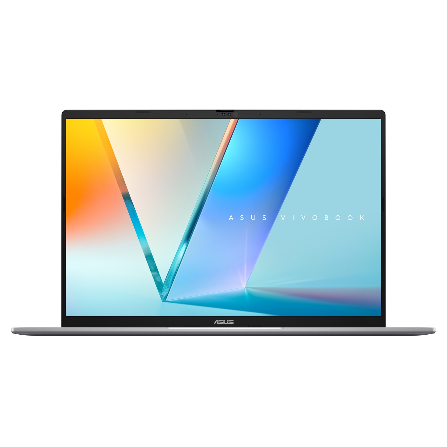 A silver ASUS Vivobook laptop is open. The screen displays a gradient of orange, blue, and white. The ASUS logo is visible.