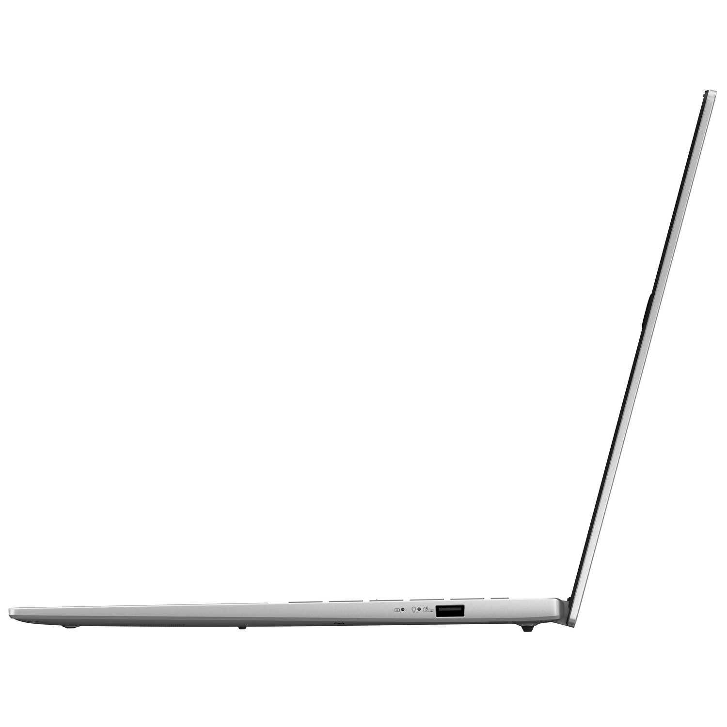 A side view of a silver laptop with the screen open. The laptop is on a white background.