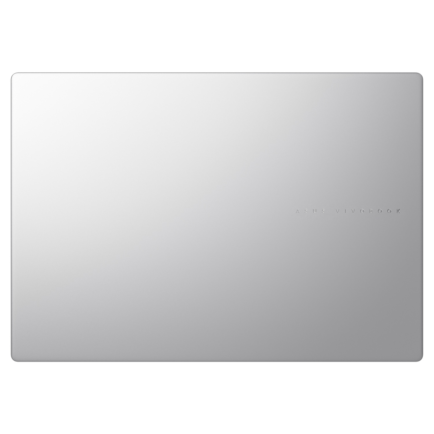 Silver laptop, ASUS Vivobook logo in the center. The laptop is closed and has a smooth, reflective surface. White background.