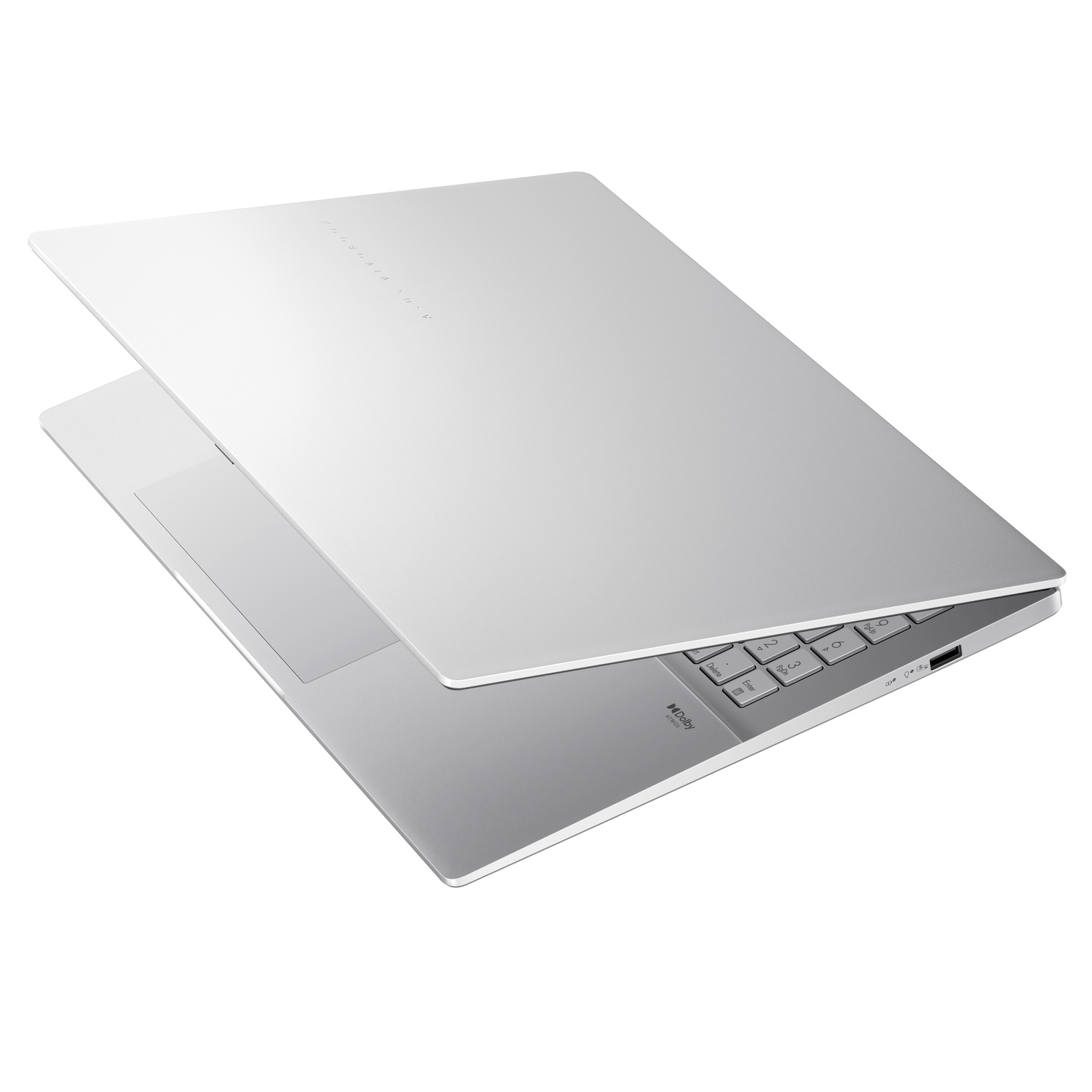 A silver laptop is slightly open. The keyboard and touchpad are visible. The lid has the words 'ASUS VIVOBOOK' on it.