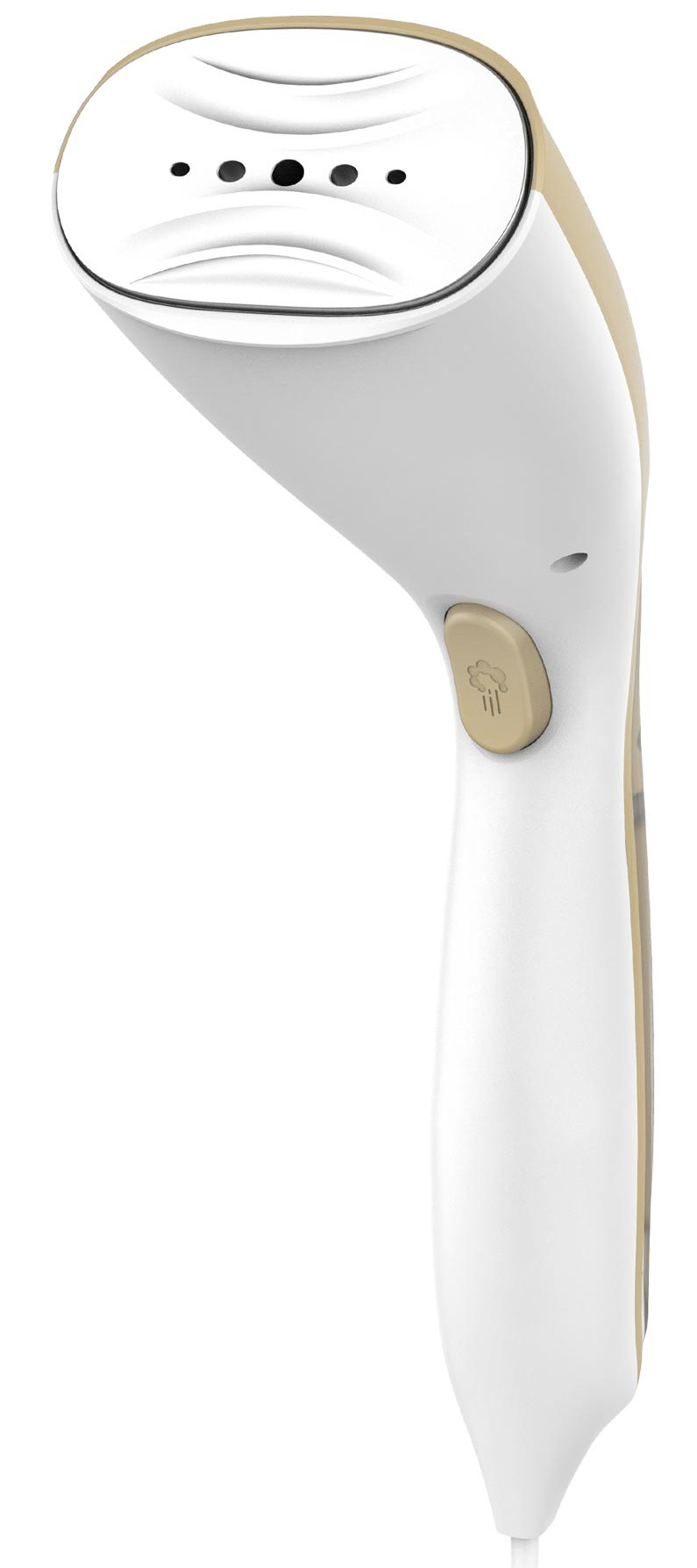 Biało-złota, ręczna parownica do ubrań. Ma biały korpus ze złotym akcentem. Na uchwycie znajduje się przycisk. Widoczne są otwory parowe.