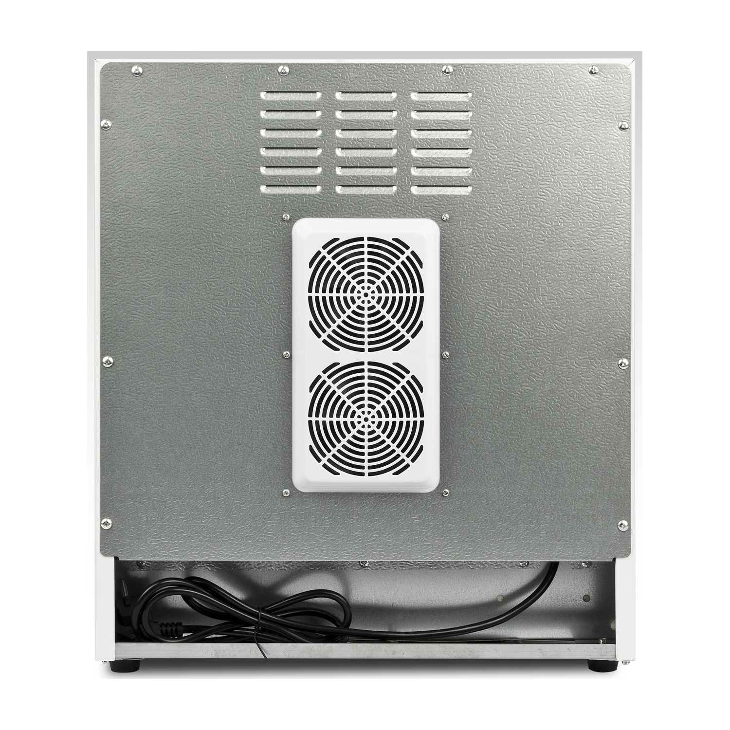 Retro di un elettrodomestico bianco con pannello grigio testurizzato. Include prese d'aria, due coperture per ventole e un cavo di alimentazione.