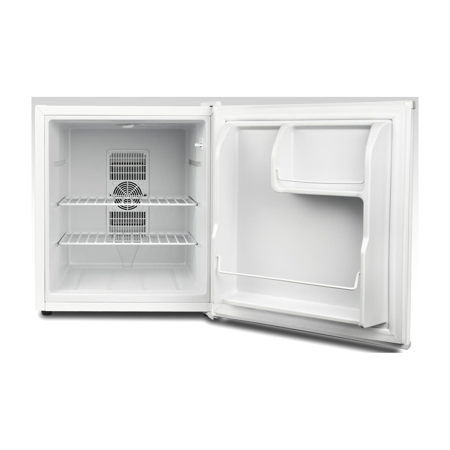 Un mini-frigorifero bianco aperto. All'interno ci sono ripiani, una ventola e un vano porta. La porta aperta mostra l'interno, il frigorifero è vuoto.