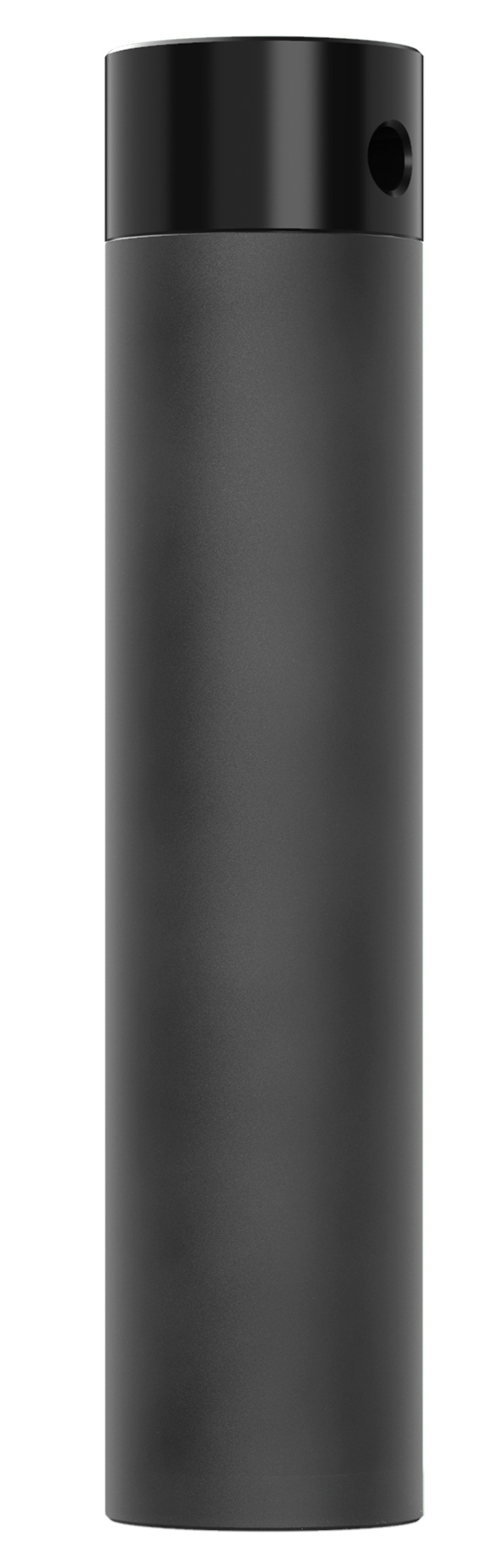 Cylindryczny, ciemnoszary obiekt z czarnym wierzchem. Wierzch ma mały otwór. Tło jest białe.